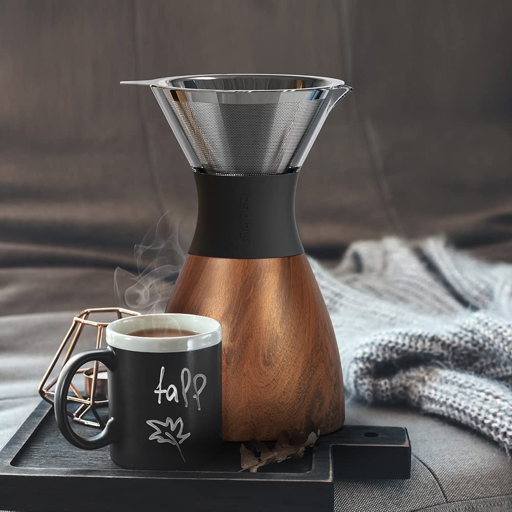asobu Insulated Pour Over Coffee Maker (32 oz.) Double-Wall Vacuum, Stainless-Steel Filter and Take on the Go Carafe (Wood)