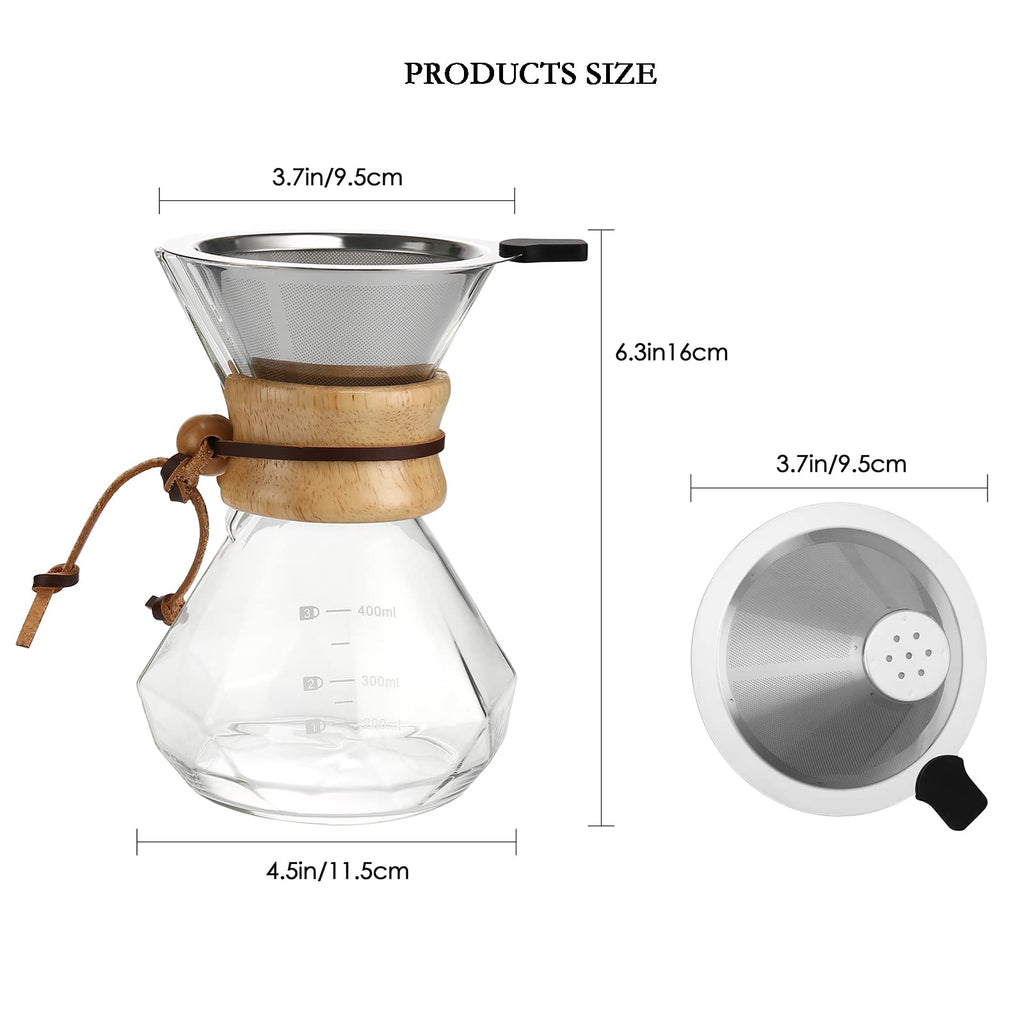 Lalord Pour Over Coffee Maker, 400ml/13.5oz Borosilicate Glass Carafe with Stainless Steel Filter & Modern Wooden Collar, 2 Cups Capacity, Clear