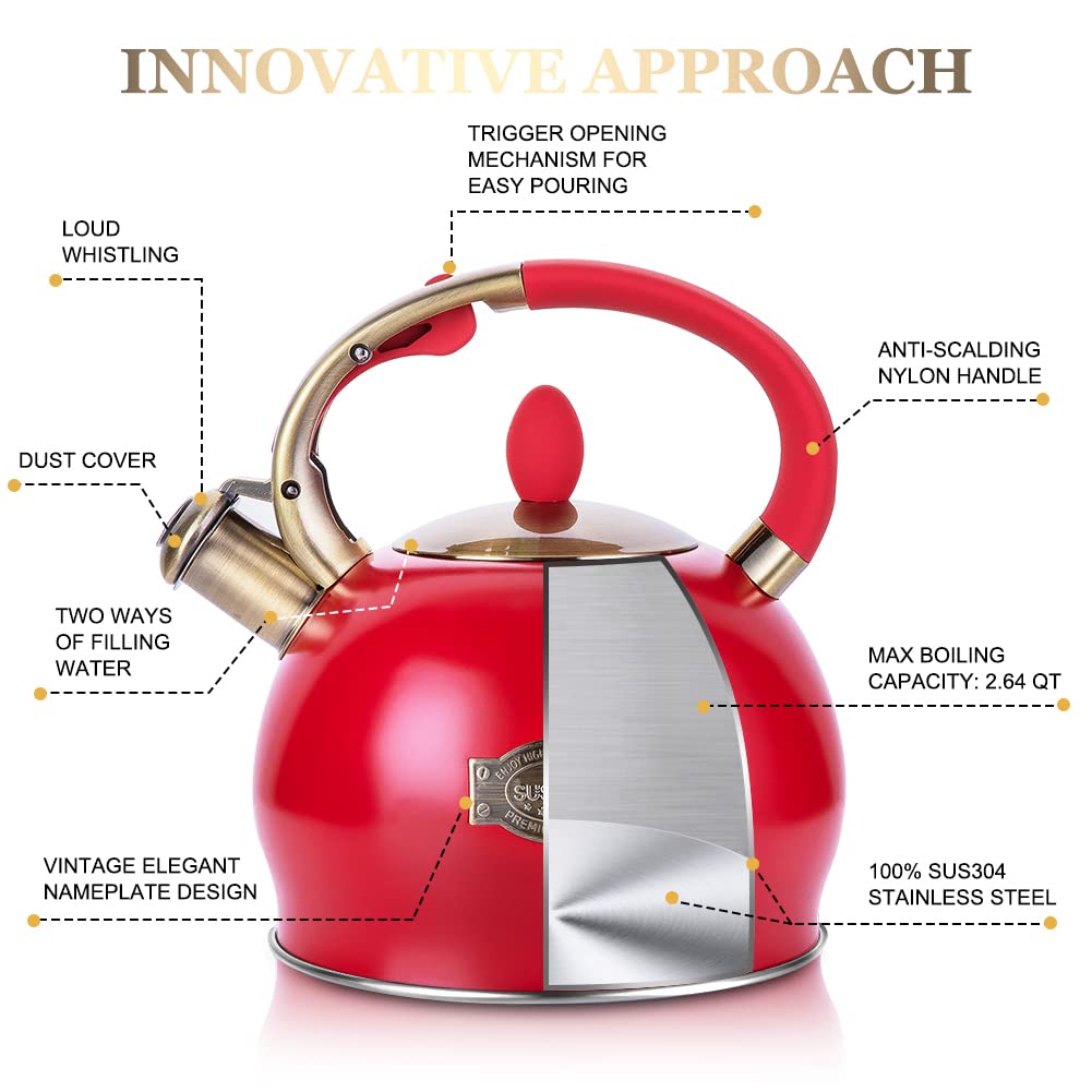 SUSTEAS Whistling Tea Kettle, 2.7QT Food Grade Stainless Steel Teapot, RED