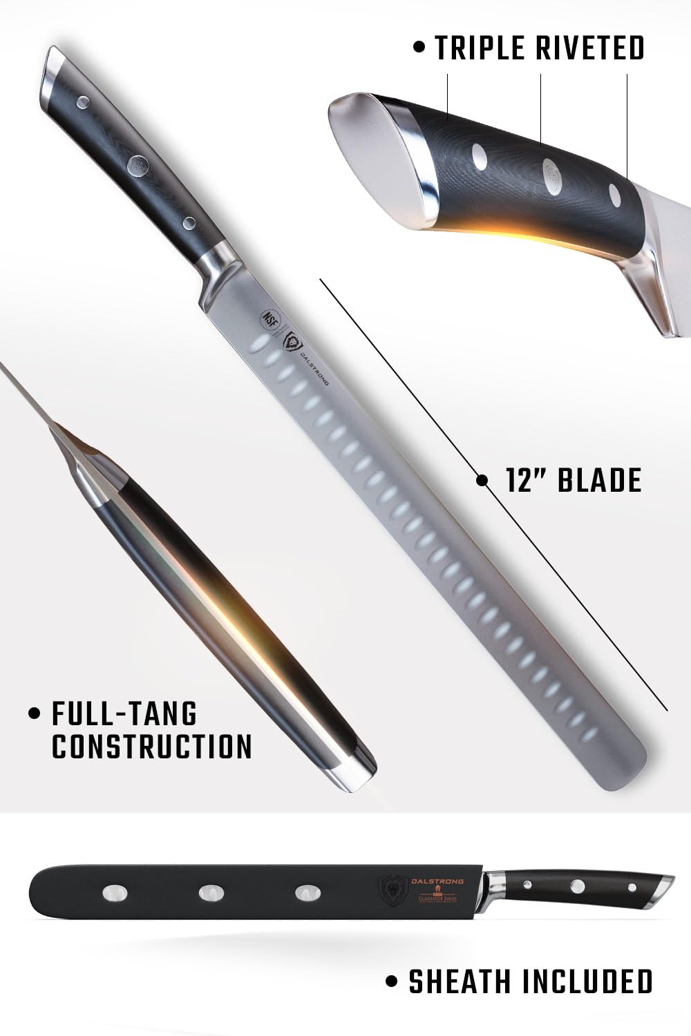Dalstrong 12" Slicing Knife — Granton Edge, Forged German HC Steel, 56+ HRC — For BBQ Brisket, Holiday Roasts & Turkey Carving — Full-Tang G10, Sheath, Gladiator ELITE, customer support