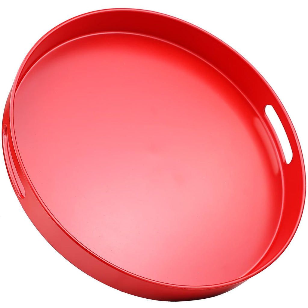 SforGUVA Round Red Decorative Serving Tray with Handles, 13” Versatile Ottoman Tray for Coffee Table, Entertaining, Outdoor Patio, Living Room