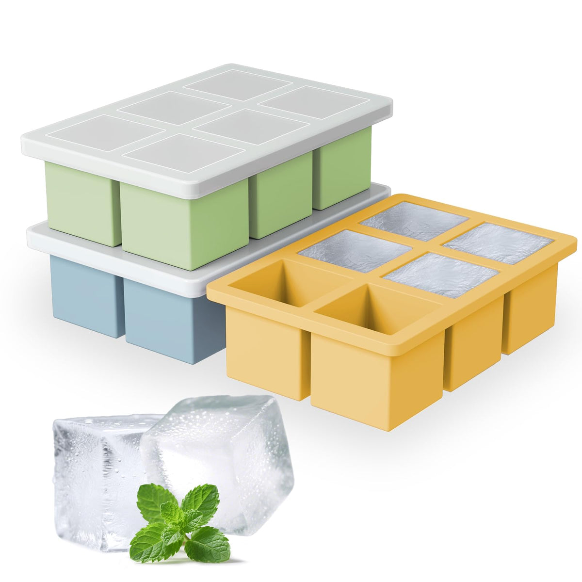 Large Silicone Ice Cube Tray 3Pack, SAWNZC Big Square Ice Cube Molds for Whisky Cocktail, Ice Maker Tray with Lid for Freezer, Easy Release (3, Mint Green)