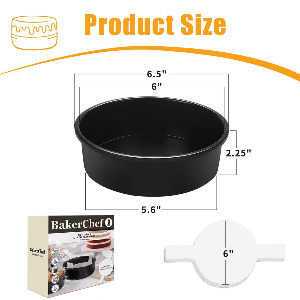 BakerChef 8 Inch Cake Pan Set of 3, Nonstick Round Cake Pans with 110 PCS Parchment Paper, Non-Toxic Carbon Steel Cake Baking Pans, Dishwasher Safe