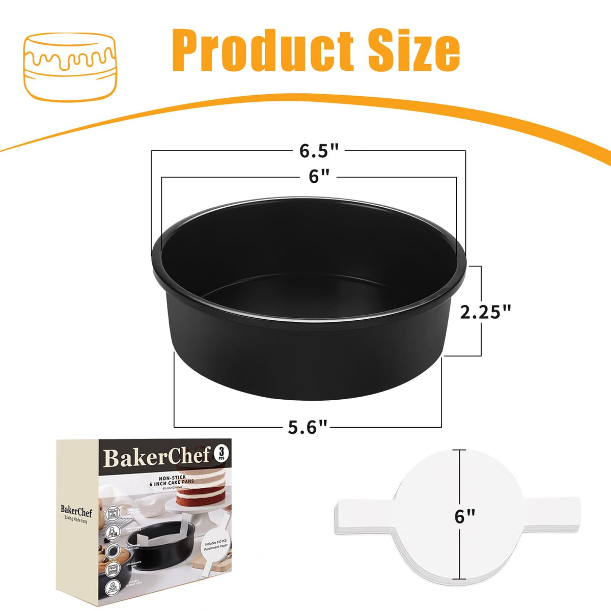BakerChef 8 Inch Cake Pan Set of 3, Nonstick Round Cake Pans with 110 PCS Parchment Paper, Non-Toxic Carbon Steel Cake Baking Pans, Dishwasher Safe