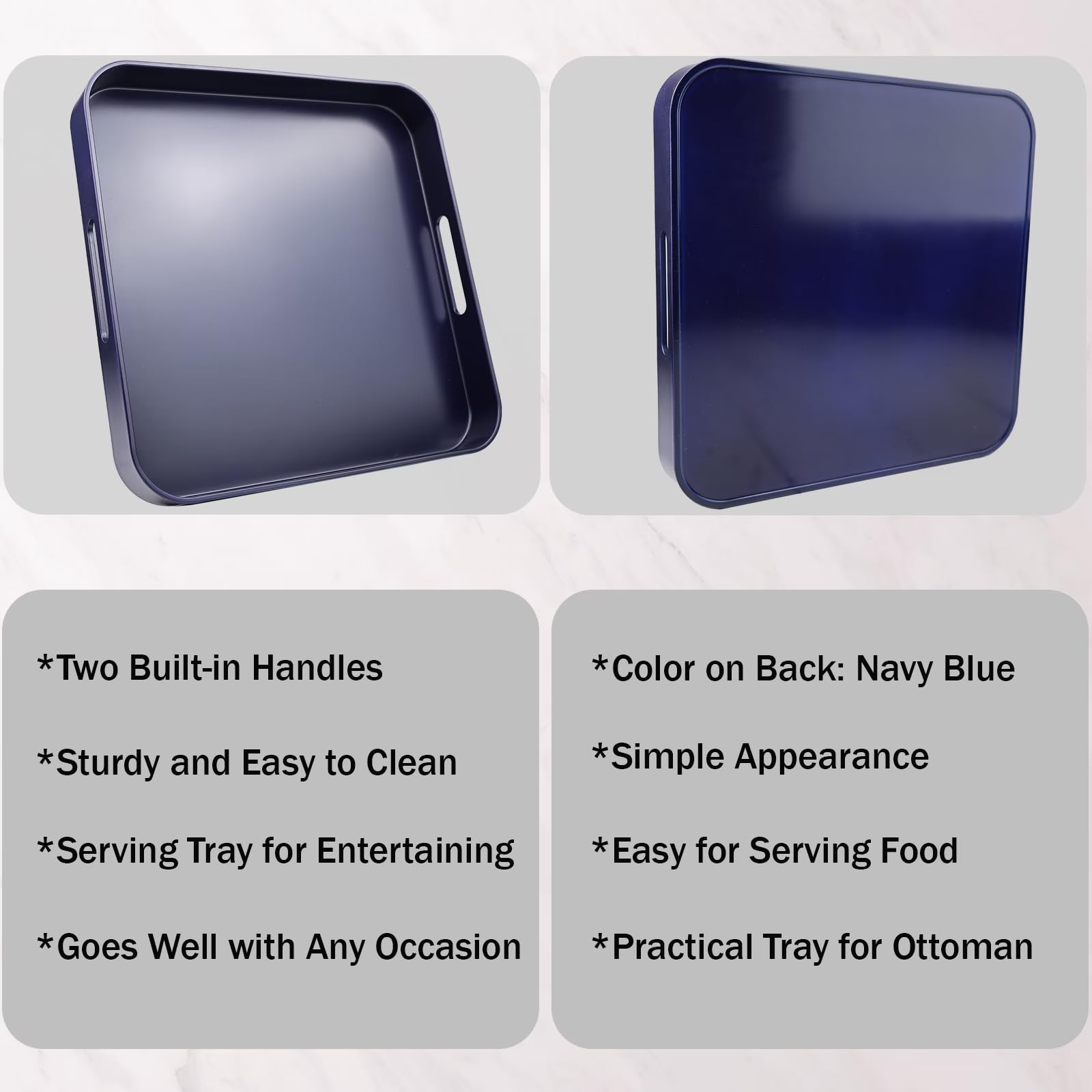 SforGUVA Square Navy Blue Decorative Serving Tray with Handles, Versatile Ottoman Tray for Coffee Table, Entertaining, Outdoor Patio, Living Room, 13”*13”*1.6”