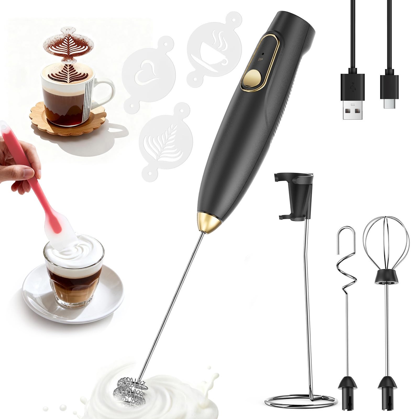 Rechargeable Milk Frother Wand with Stand, Electric Handheld Coffee Frother with 3 Detachable Whisks, Travel Milk Foamer for Protein Powder, Drinks, Espumador de Leche Electrico Black