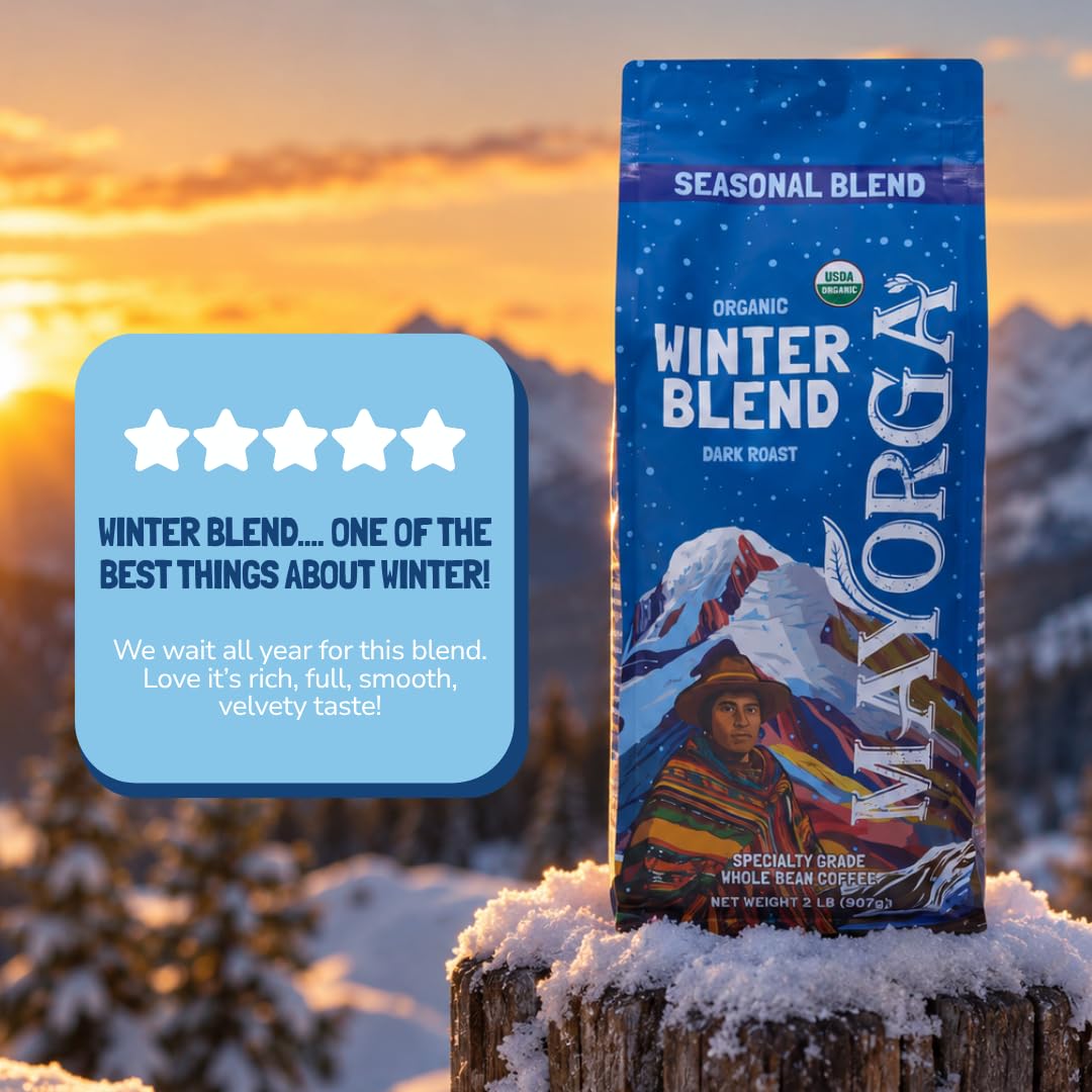 Mayorga Seasonal Dark Roast Coffee, 2 lb bag - Winter Blend Coffee Roast - 100% Arabica Whole Coffee Beans - Bold & Smooth Organic Coffee - Specialty Grade, Non-GMO, Direct Trade, Kosher