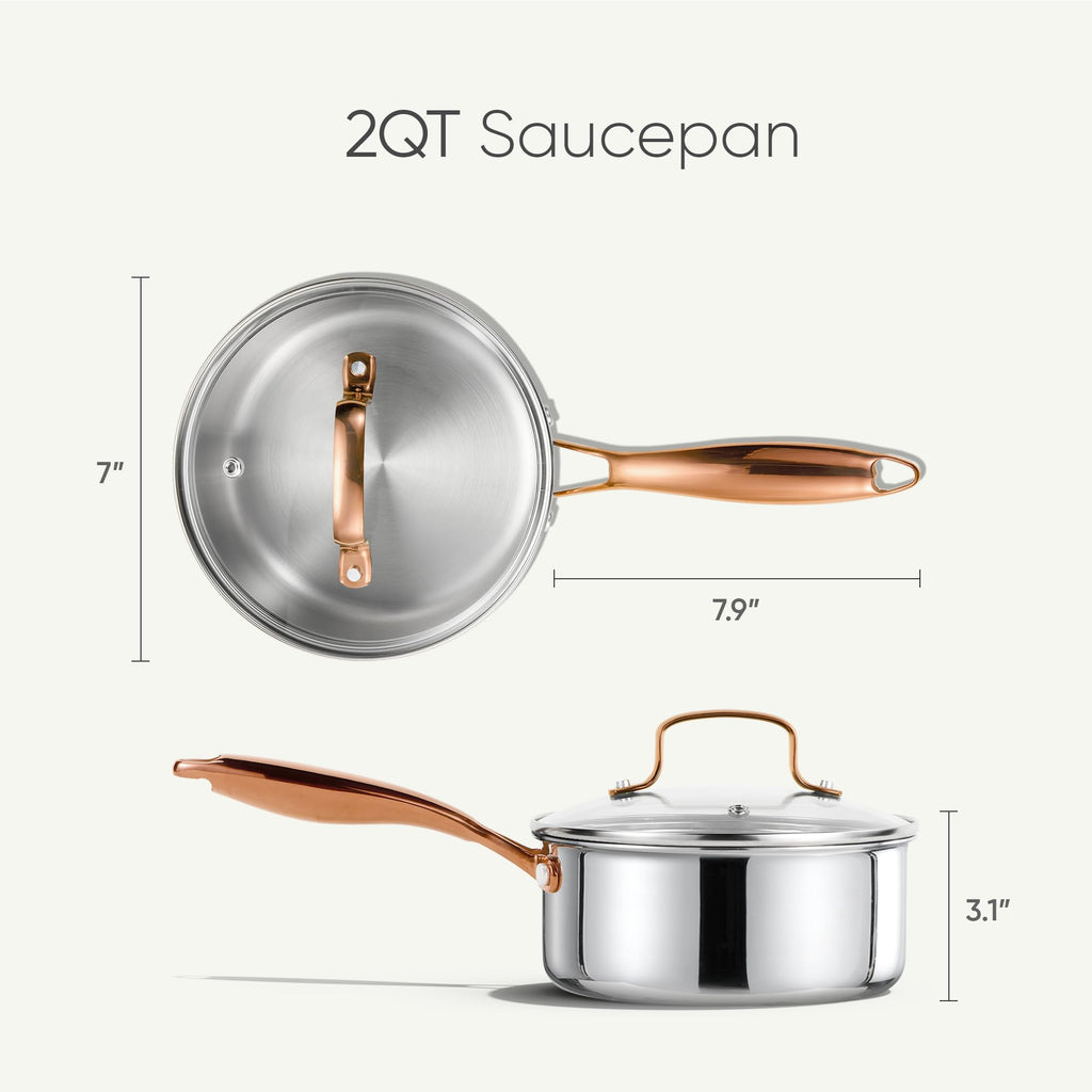 CAROTE 2Qt Stainless Steel Saucepan Set, Non-Toxic 3-Ply Stainless Steel Cookware Set with Lids, Small Kitchen Pots, Oven Safe, Compatible with Induction, Ceramic, Gas, Mothers Day Gifts