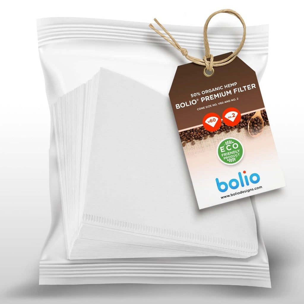 Bolio Premium Hemp White Paper Cone Coffee Filters - Peroxide Whitened - Compatible with V60 and All No.2 Size Pour Over Drippers - (Pack of 100)