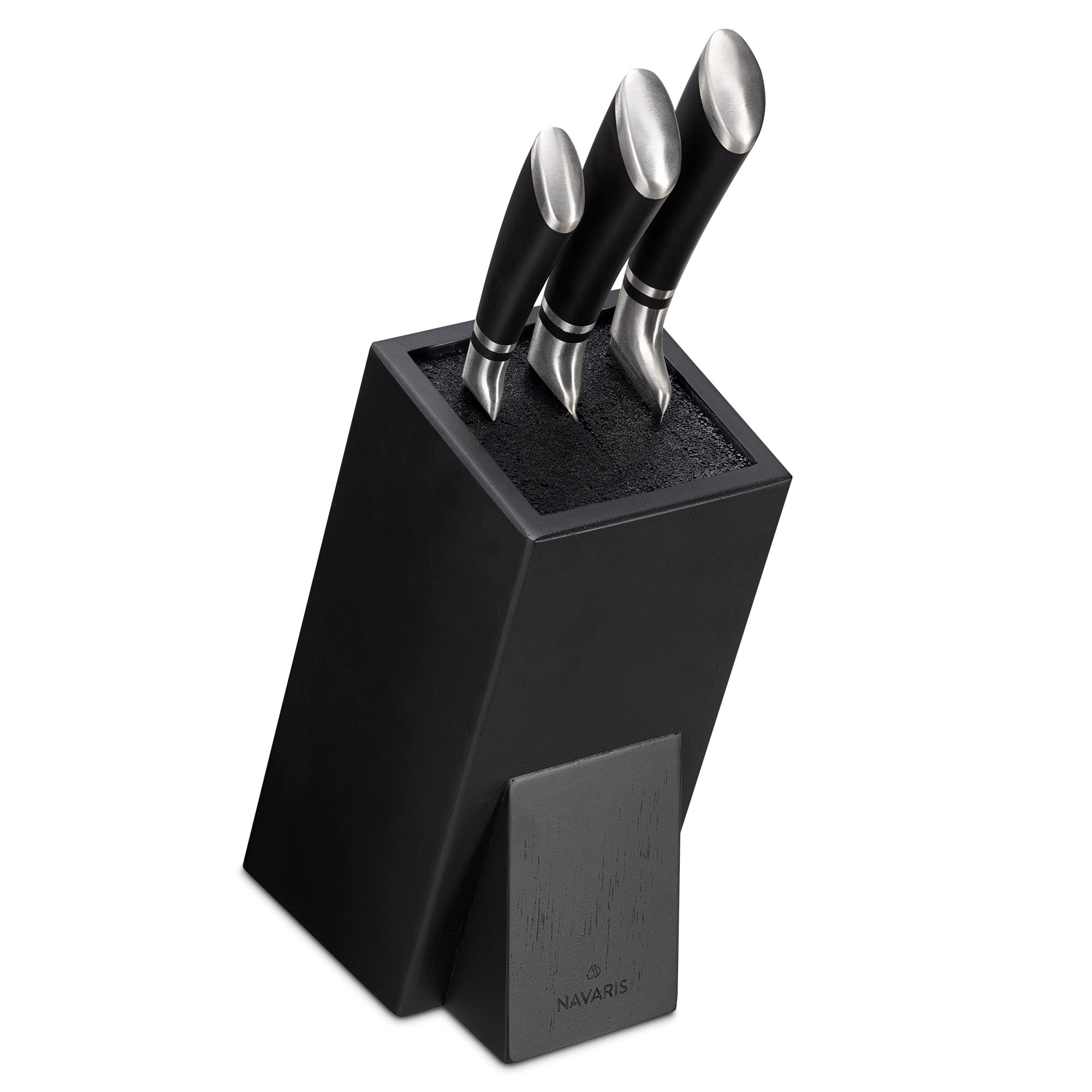 Navaris Universal Knife Block Holder - Rubber Wood Stand with Bristles to Fit Different Sizes of Knives - Angled Design, 9.8" x 5.9" x 4.1’" - Black