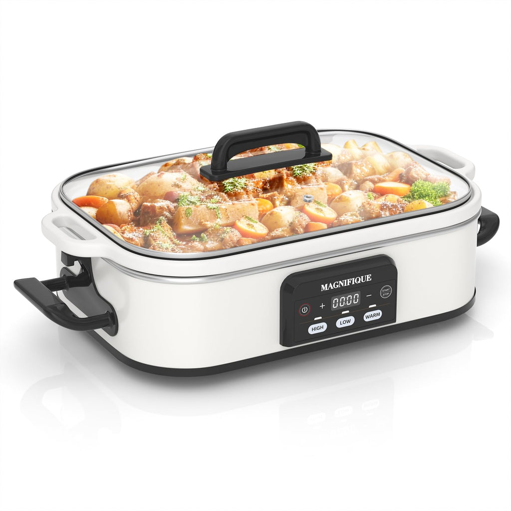 Magnifique 4 Quart Casserole Digital Slow Cooker, Premium Ceramic Bakeware for Oven, Dishwasher Safe Baking Dish, White