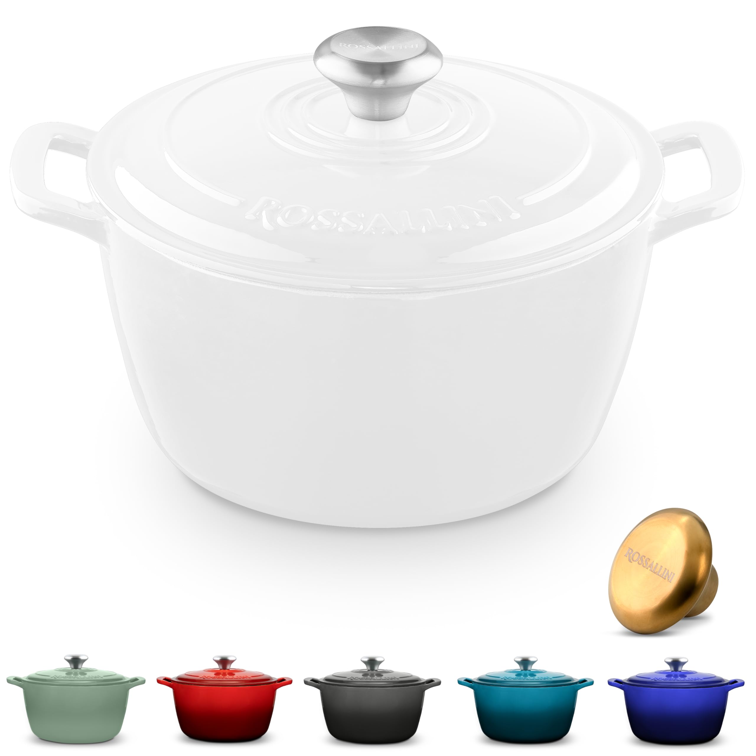 ROSSALLINI Signature Enameled Cast Iron Dutch Oven, Non-Stick Serving Pot with Tight Fitting Lid for Perfect Roasting, Baking, Sauteing, and Bread Making | 7.4Q (7L) - White
