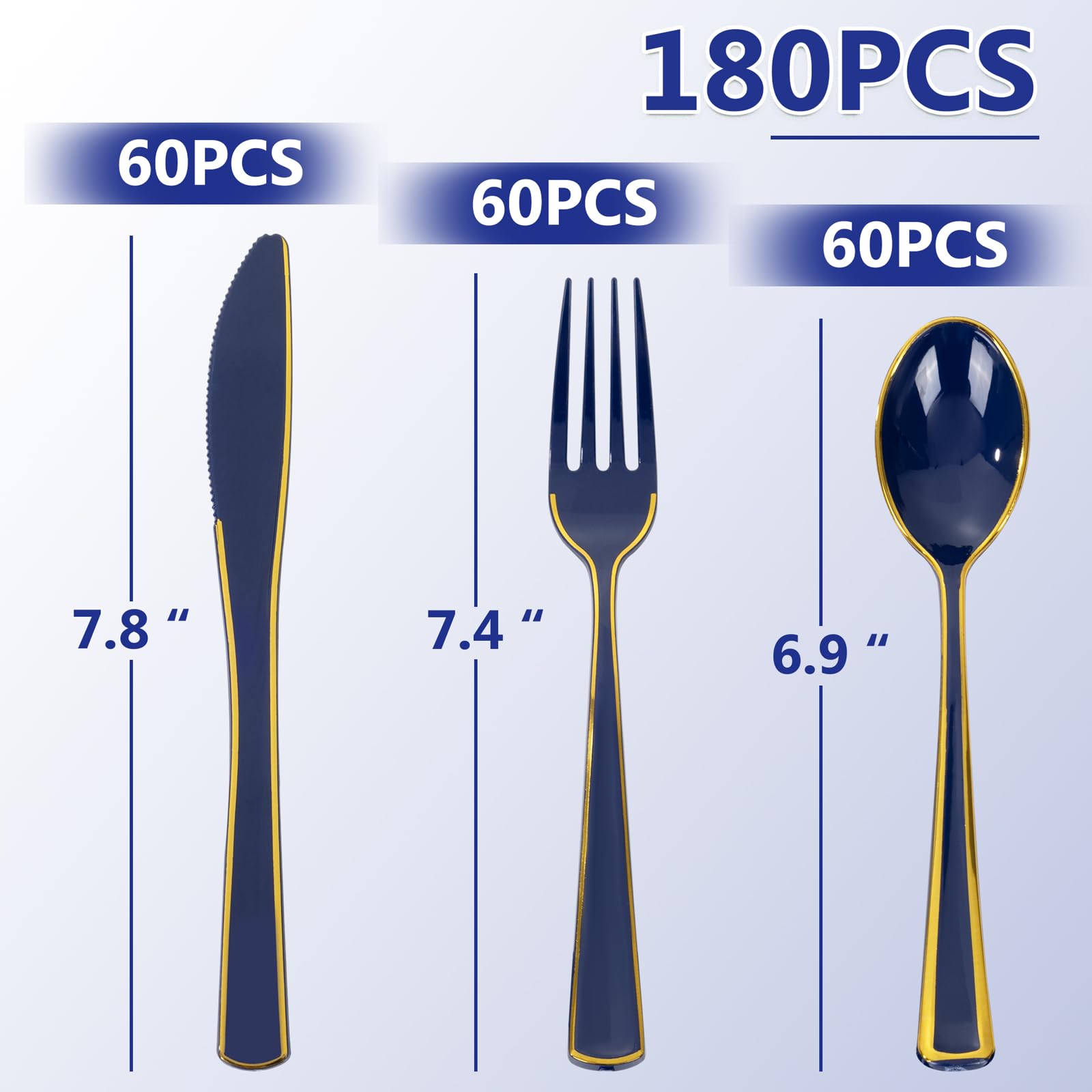 WDF 180PCS Blue Plastic Silverware -Blue and Gold Plastic Cutlery 60 Forks, 60 Knives, 60 Spoons - Heavy Duty Disposable Silverware for Party/Wedding/Birthday