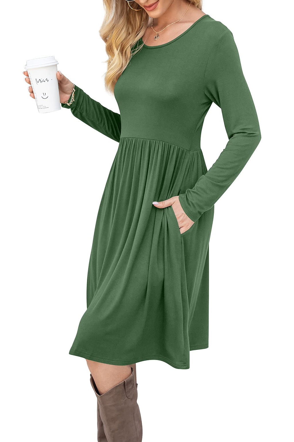 DB MOON Women Casual Long Sleeve Dresses Empire Waist Loose Dress with Pockets (Army Green, 3XL)