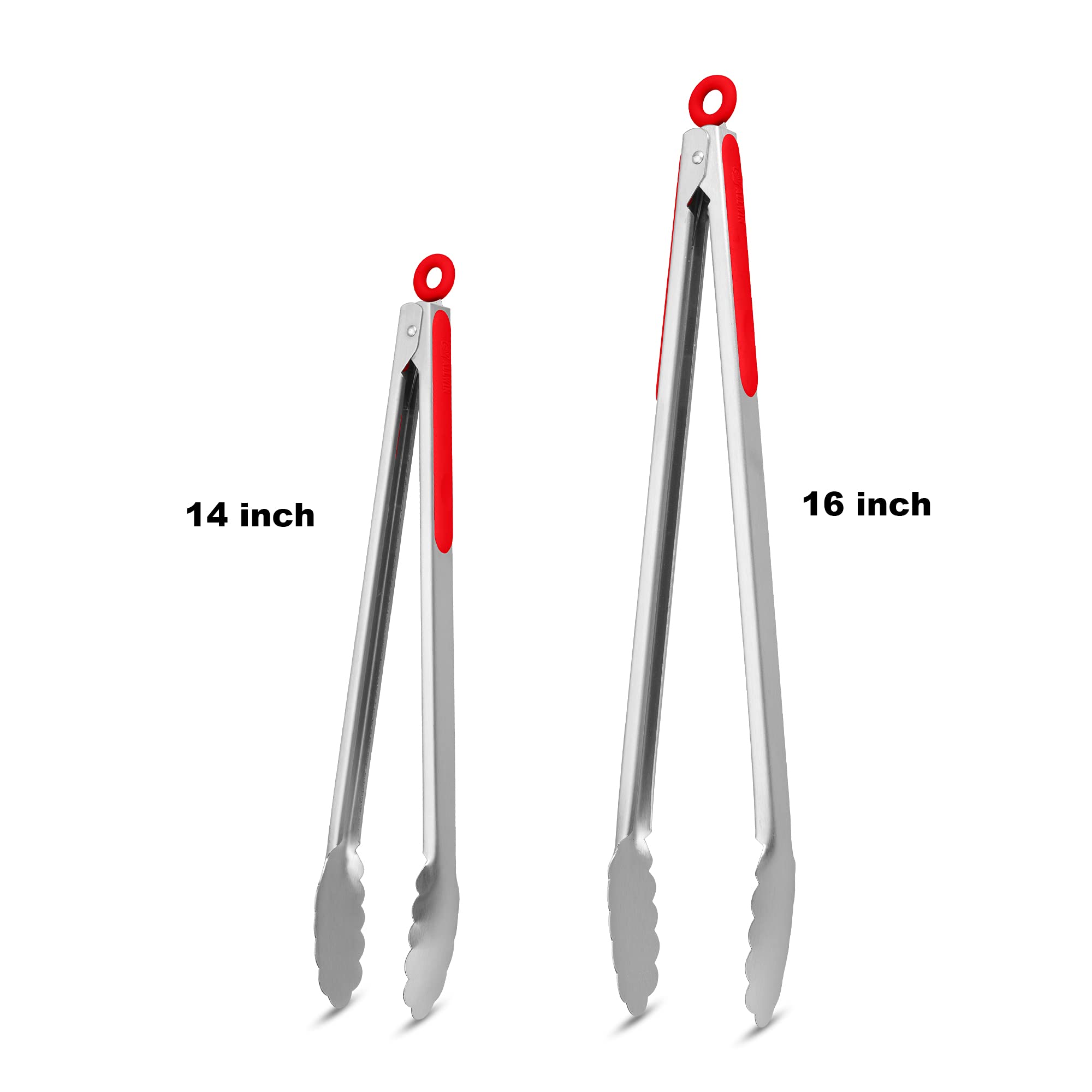 304 Stainless Steel Kitchen Cooking Tongs, 14 & 16 Inch, Set of 2, Red