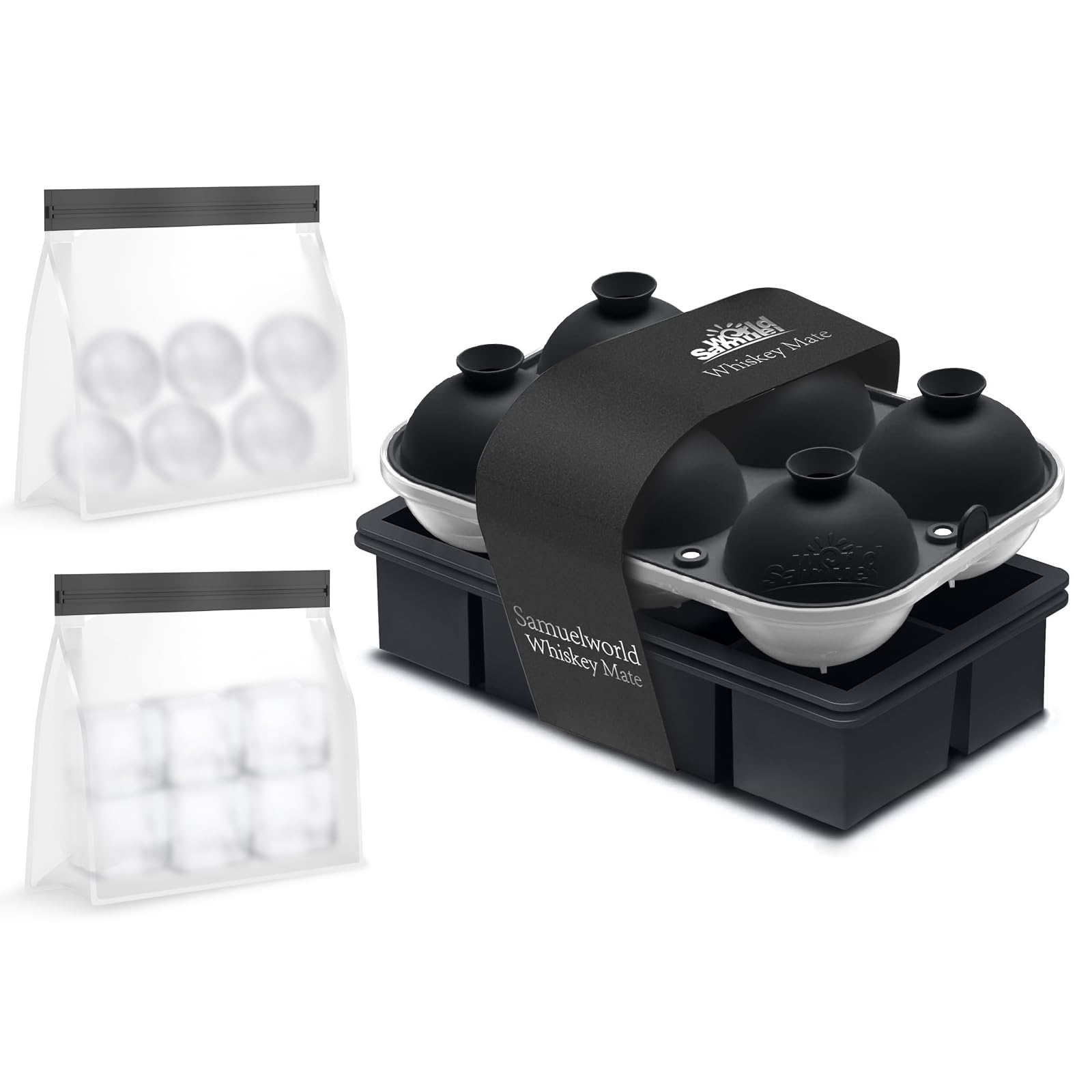 Samuelworld Premium Ice Tray Combo (16 Ice Cube/6 Ice Ball), New Upgraded Large Ice Sphere Maker Ice Cube Trays, Spill-Free Integrated Funnels, Whiskey Bourbon Cocktails Ice mold, Black(With Ice Bags)