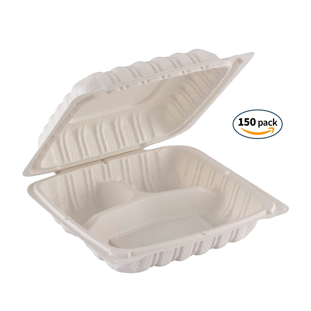 TIYA Clamshell Food Containers - White Bulk 150 Pack, 8x8 in - 3-Compartment To-Go Containers - Microwavable Plastic with Hinged Lid - Great for Meal Prep - BPA-Free