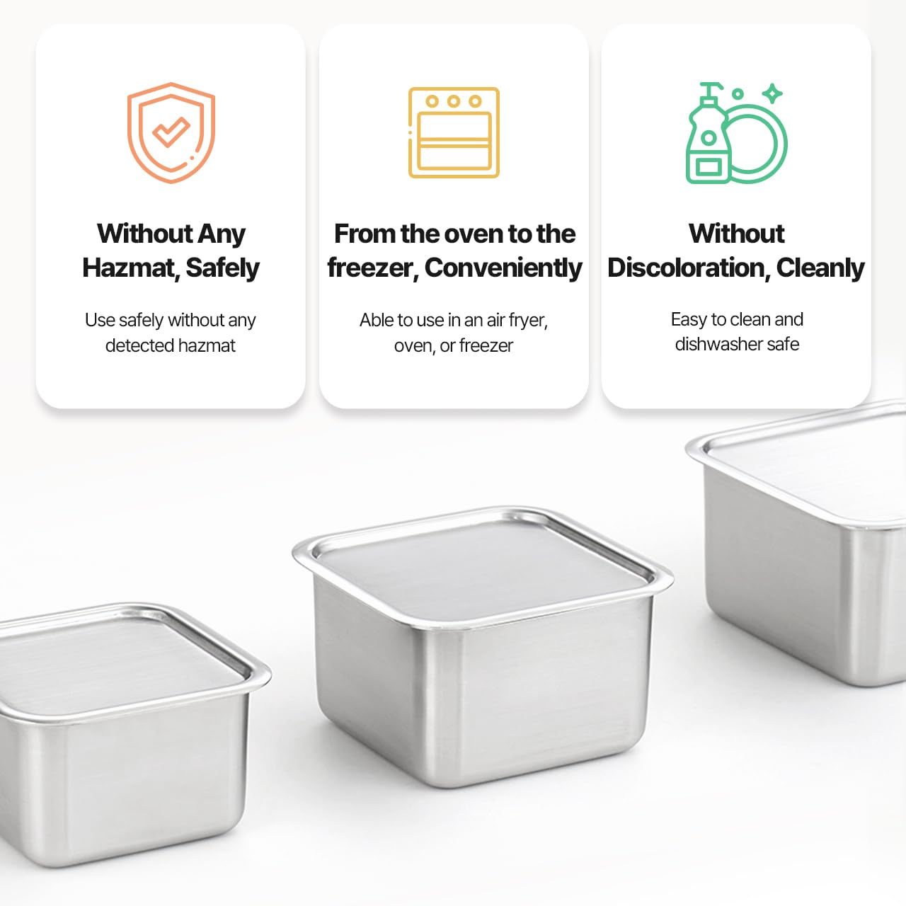 EVERSTEN CuBE Low 3PCS Set Stainless Steel Food Storage Containers With Lids and 3 Net Kitchen Appliances Dishwasher Safe Premium South Korea