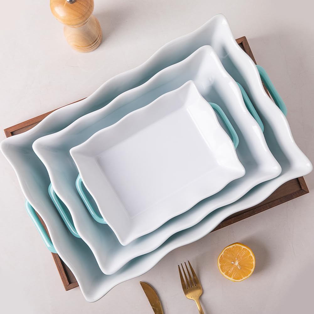 Sweejar Casserole Dishes for Oven, Ceramic Bakeware Set of 3, Rectangular Baking dish with Handles, Wave Edge Lasagna Pan Deep for Cooking, Cake, Dinner, Banquet and Daily Use (White)