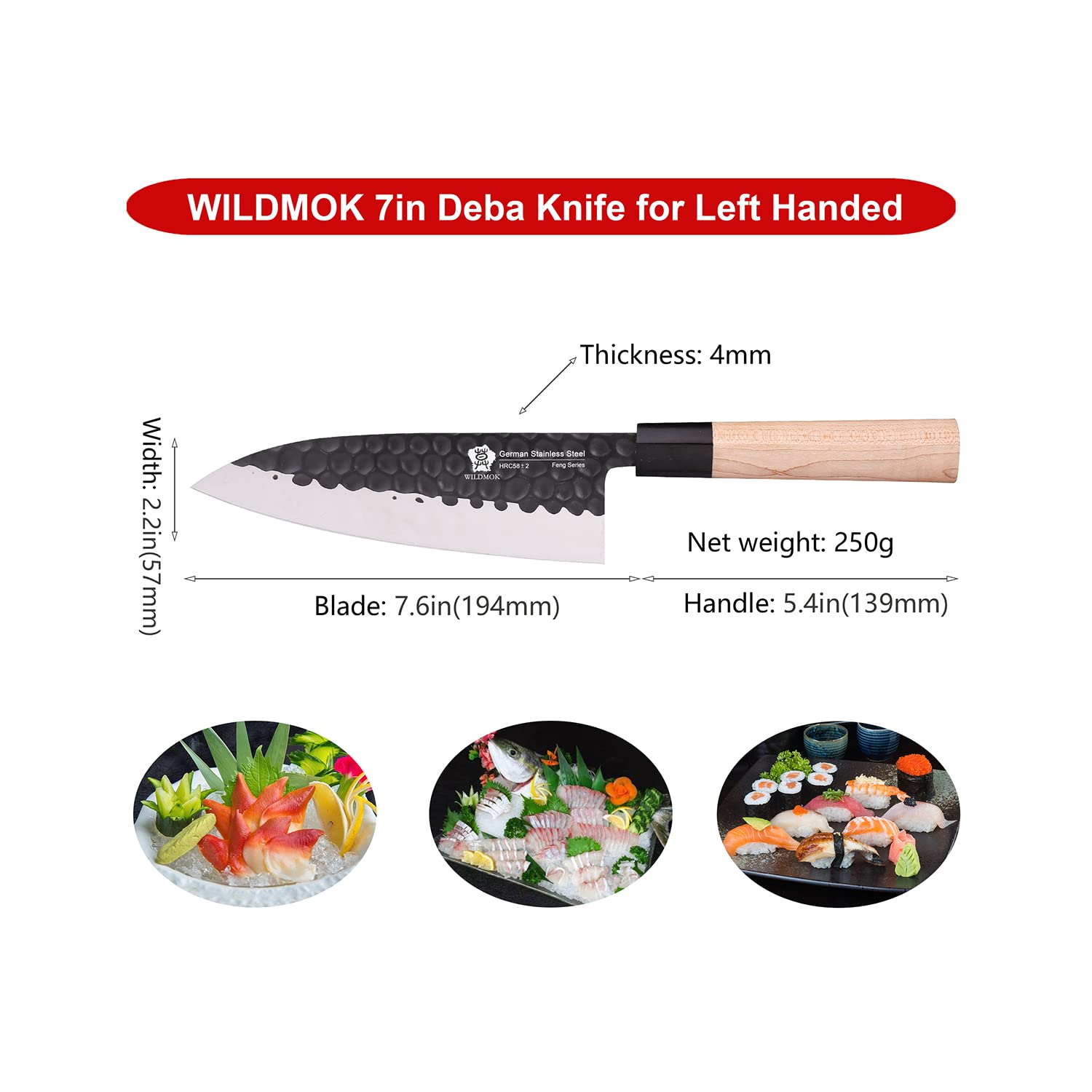 WILDMOK Left Handed 7 Inch Deba Knife German Stainless Steel Sashimi Knife Asian Usuba Salmon Knife for Left Handed