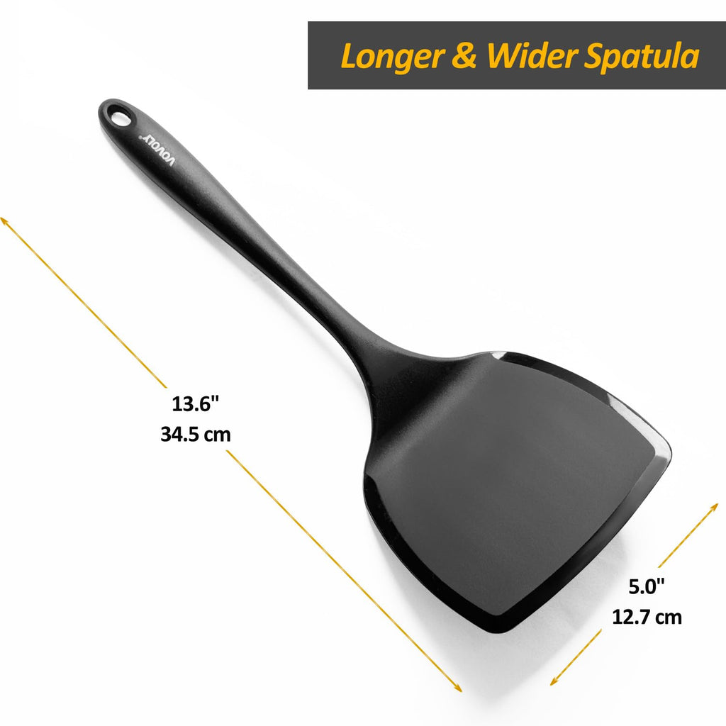 Silicone Pancake Spatula Turner with Lengthened Handle& Seamless Design, Heat Resistant Cooking Spatulas for Nonstick Cookware, Large Flexible Kitchen Utensils, Flipper for Egg, Pancake, Burger, Black