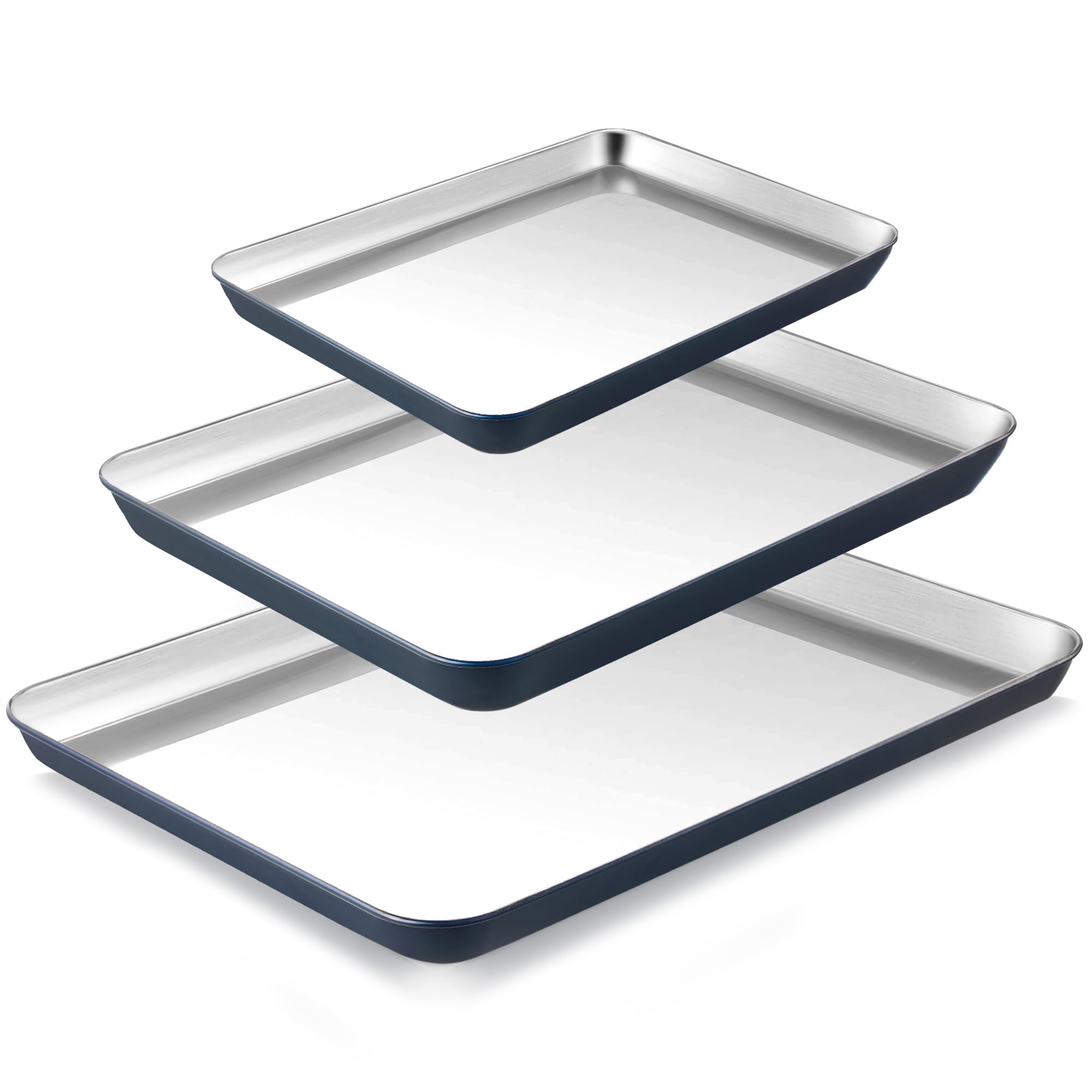 BRONYPRO Stainless Steel Baking Sheet Pan Set of 3, Cookie Sheets 9/12/16 In, Non-Toxic Uncoated Interior (PFOA & PTFE Free), Solid Warp-Resistant Cooking Trays for Oven & Toaster, Navy Exterior