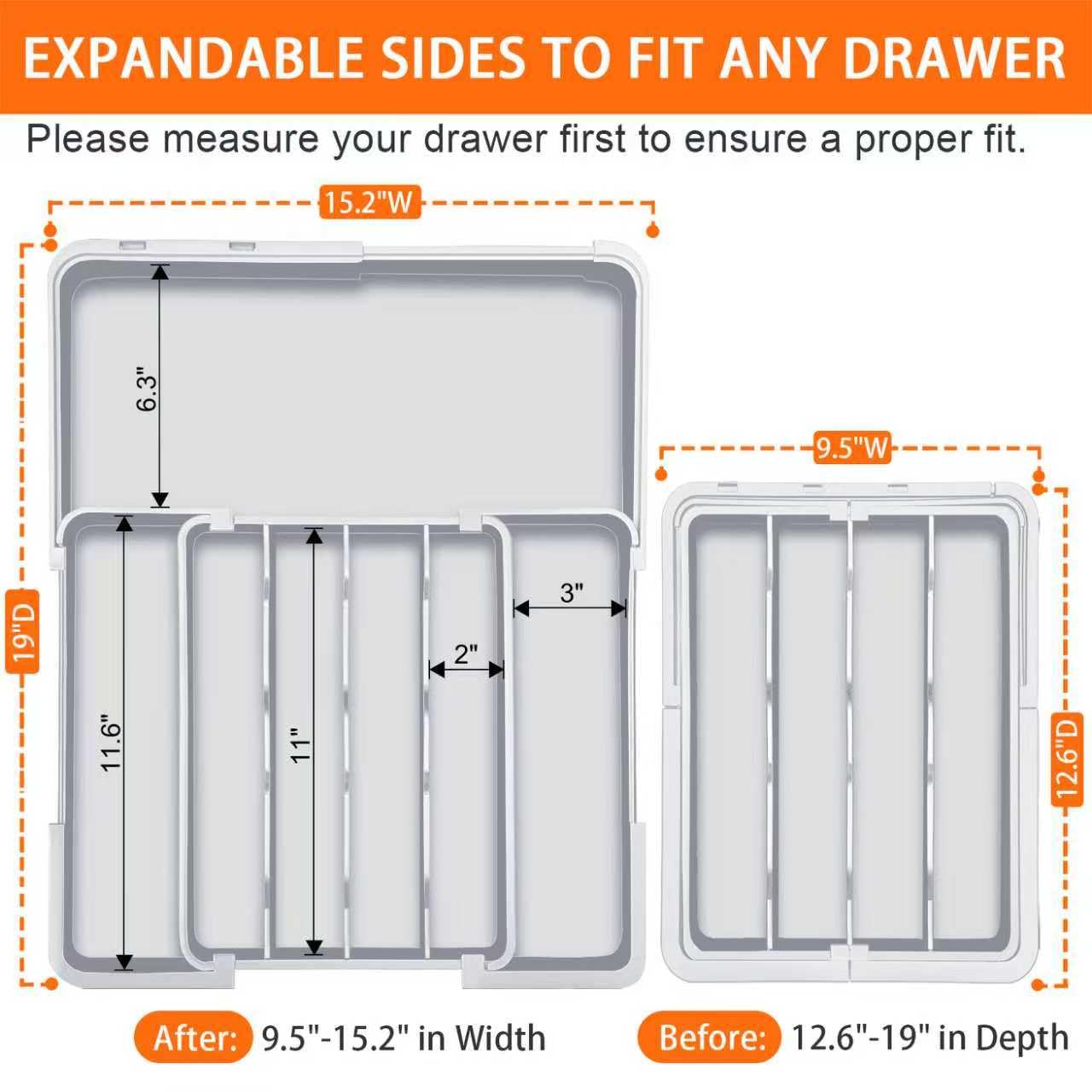 Spaclear Silverware Drawer Organizer Tray, Adjustable Cutlery Storage for Kitchen, Expandable Flatware and Utensil Holder Divider for Spoons Forks Knives Tableware, 15 x 19, 4-7 Slots, Gray