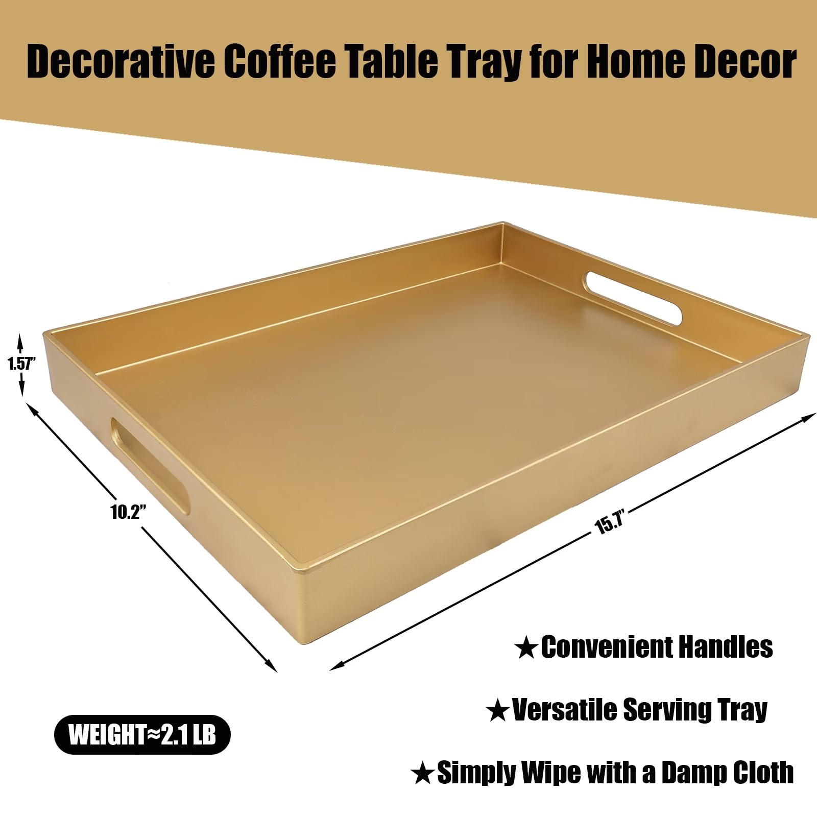 SforGUVA Gold Serving Tray for Coffee Table, Rectangular Plastic Decorative Tray with Handles for Entertaining, Outdoor Patio, Living Room, Ottoman, Bathroom Counter, 11.8”*15.7”*1.6”