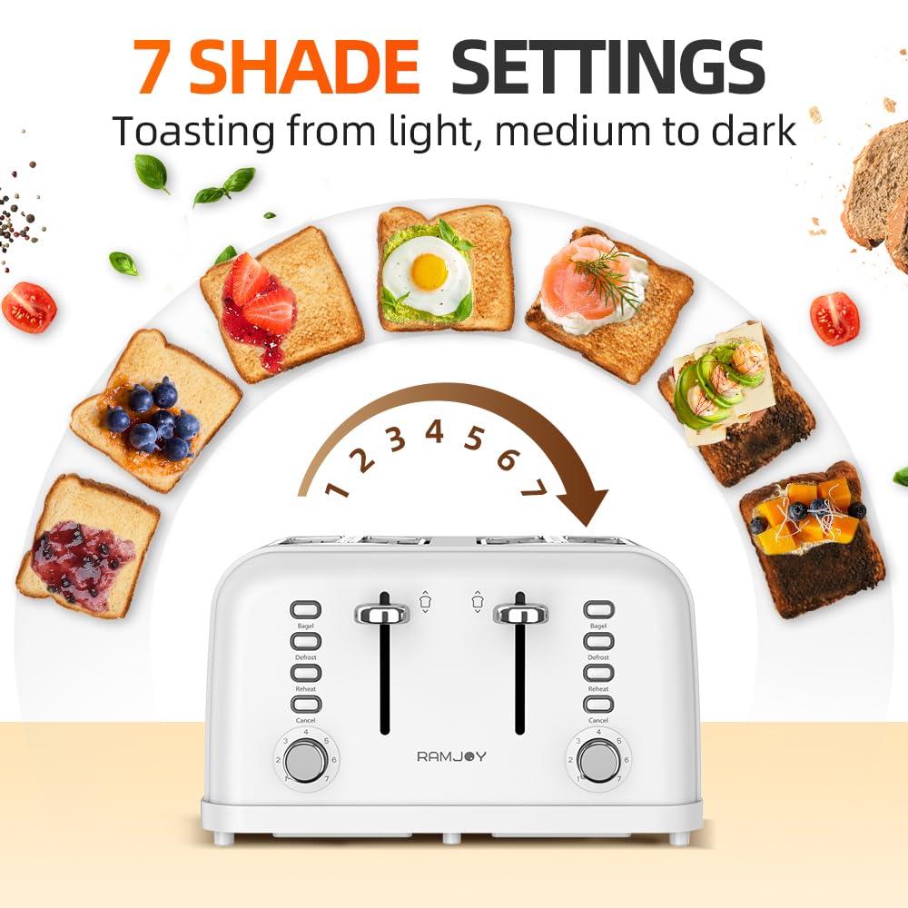 RAMJOY White Toaster 4 Slice, Dual Independent Controls, Extra Wide Slot Toasters for Bagel, Bread, Waffles, 7 Shade Settings, 4 Main Functions, Removable Crumb Tray, 1500 Watts, White Stainless Steel