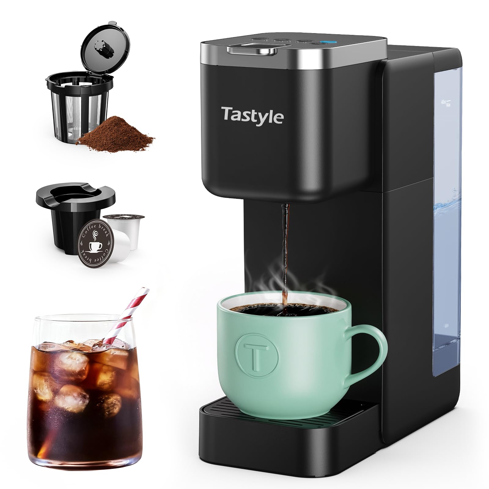 Tastyle Single Serve Coffee Maker for K Cups and Grounds with 3 Brew Styles