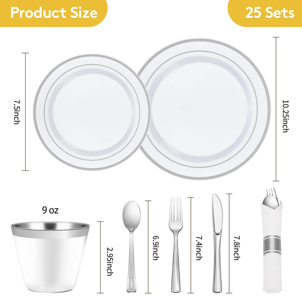 Goodluck 175 Piece Silver Plastic Dinnerware Set for 25 Guests