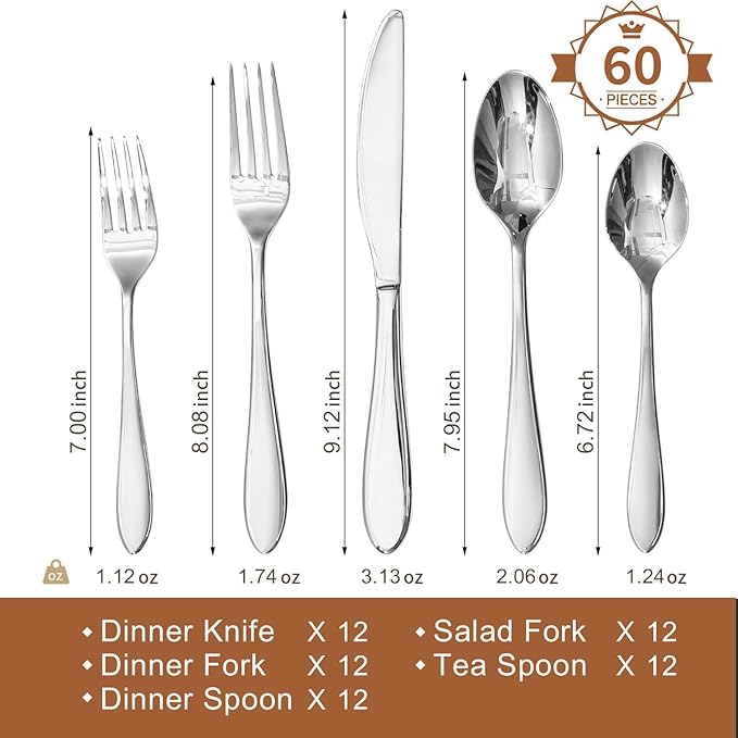KINGSTONE 60-Piece Silverware Set for 12,18/10 Premium Stainless Steel Flatware Set, for Home, Restaurant, Wedding and Party Use, Mirror-Polished Cutlery Set, Dishwasher Safe.