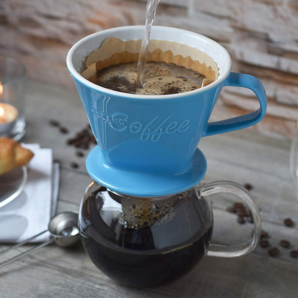 Creano XXL Porcelain Coffee Dripper Blue - Ceramic Cone Brewer - Pour Over Coffee Maker - Filter Size 4 - huge and heavy quality 800gr/28oz - 6 Colours availeble