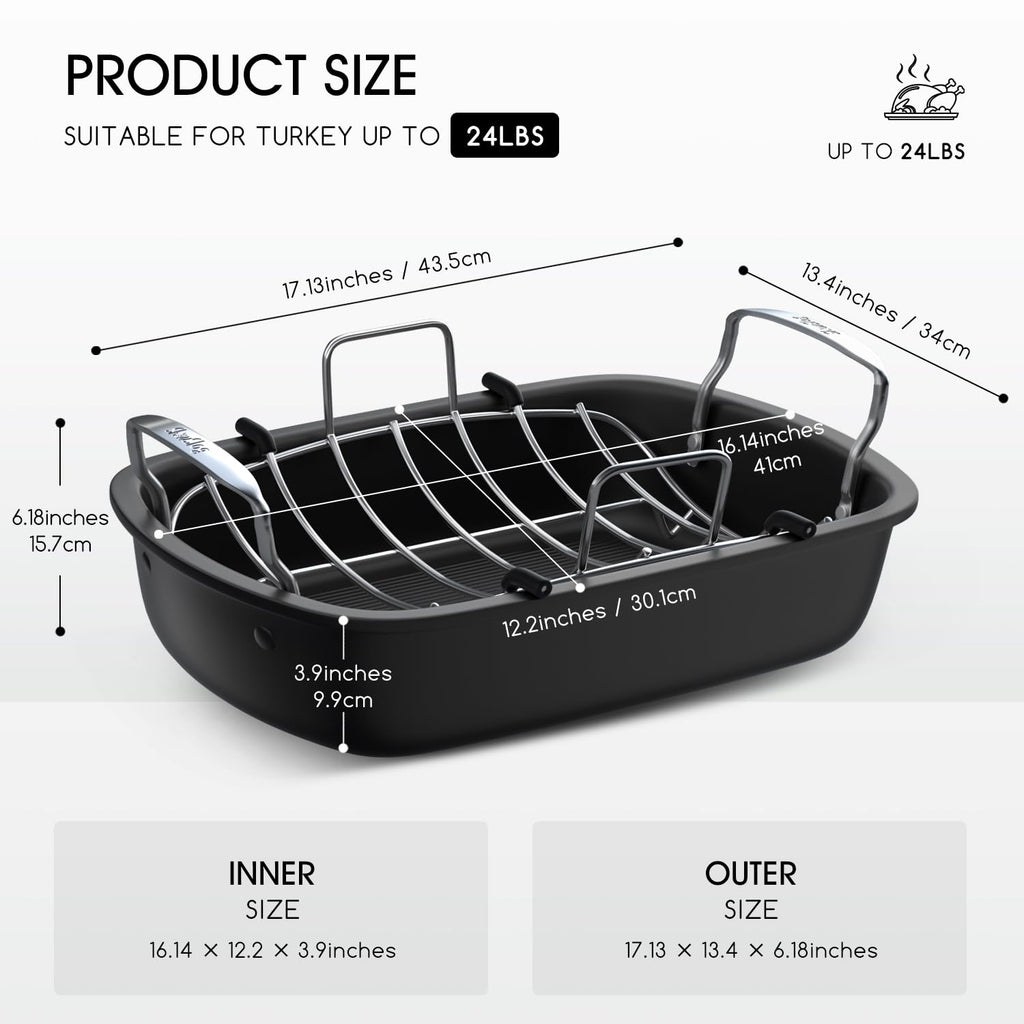 Turkey Roasting Pan, 17x13 Inch Roaster Pan for Turkey, Black&Silver