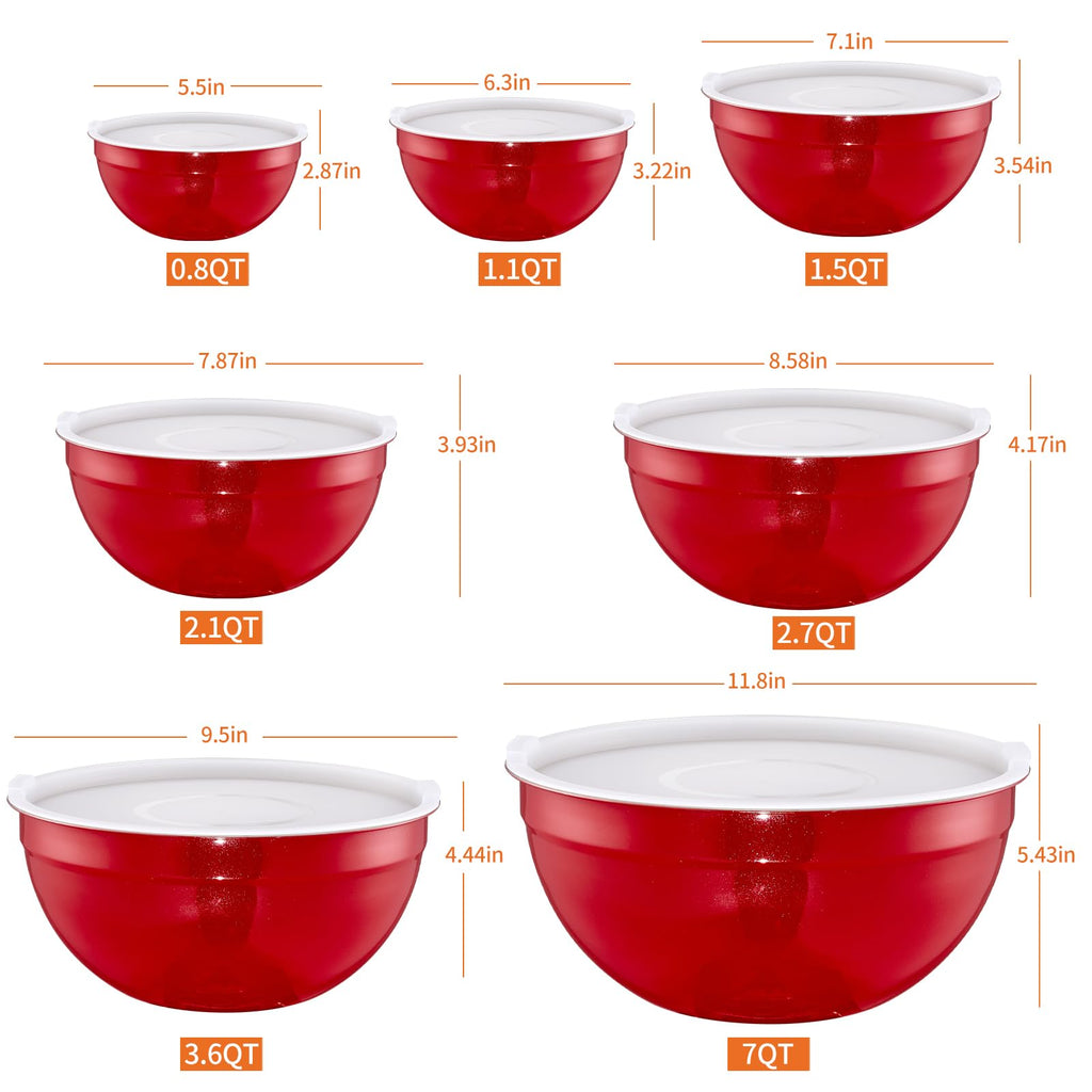 LKTDYMEG Red Mixing Bowls with Lids Set of 7, Stainless Steel Nesting Bowl with Khaki Lid for Non-slip Mixing Prepping Storing Serving, 7 Sizes-7/3.6/2.7/2.1/1.5/1/0.8 QT