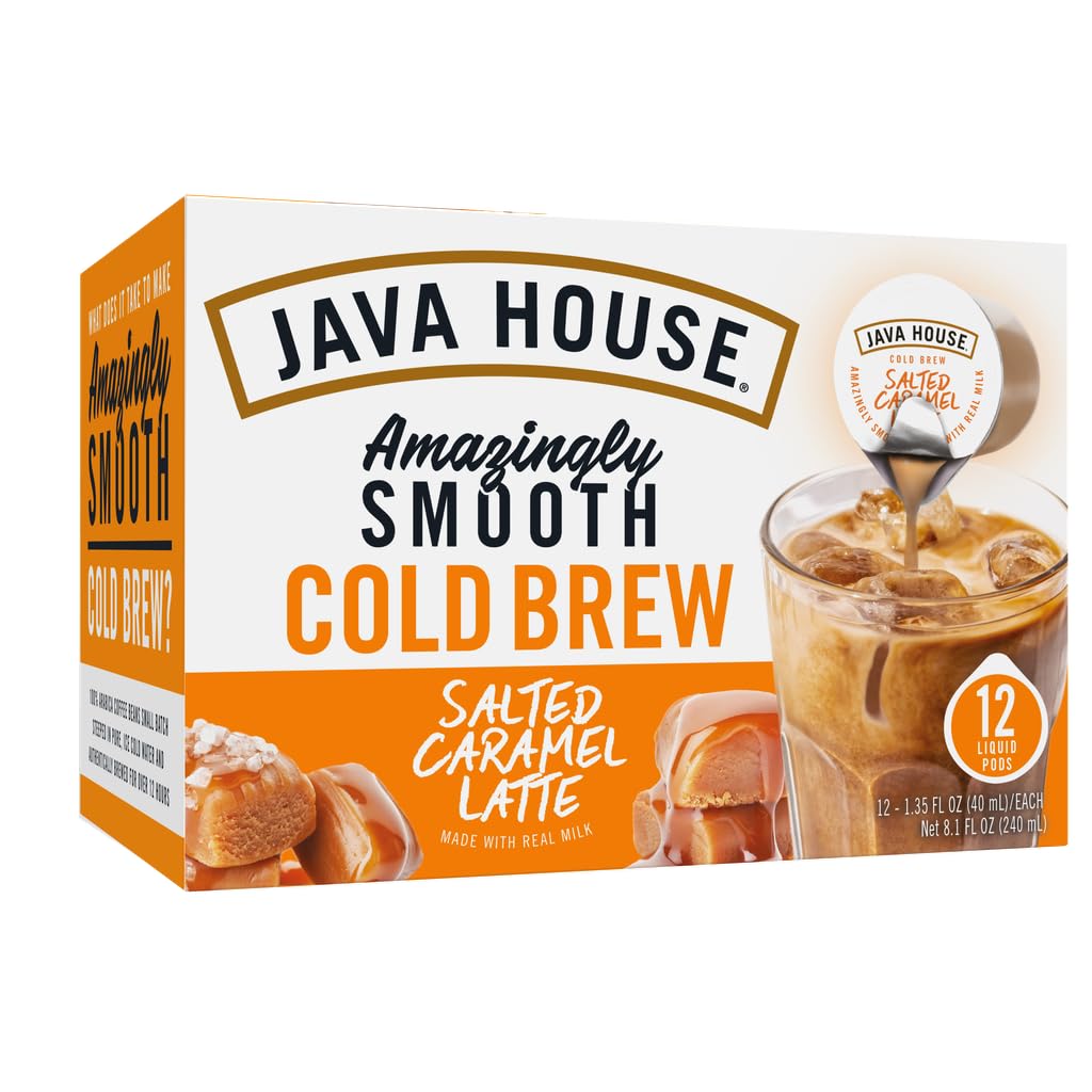 JAVA HOUSE Salted Caramel Latte Cold Brew Coffee Capsules, 1.35 Fluid Ounces (12 Count) Peel and Pour, TSA Approved, Travel Friendly Cold Brew, Hot or Iced