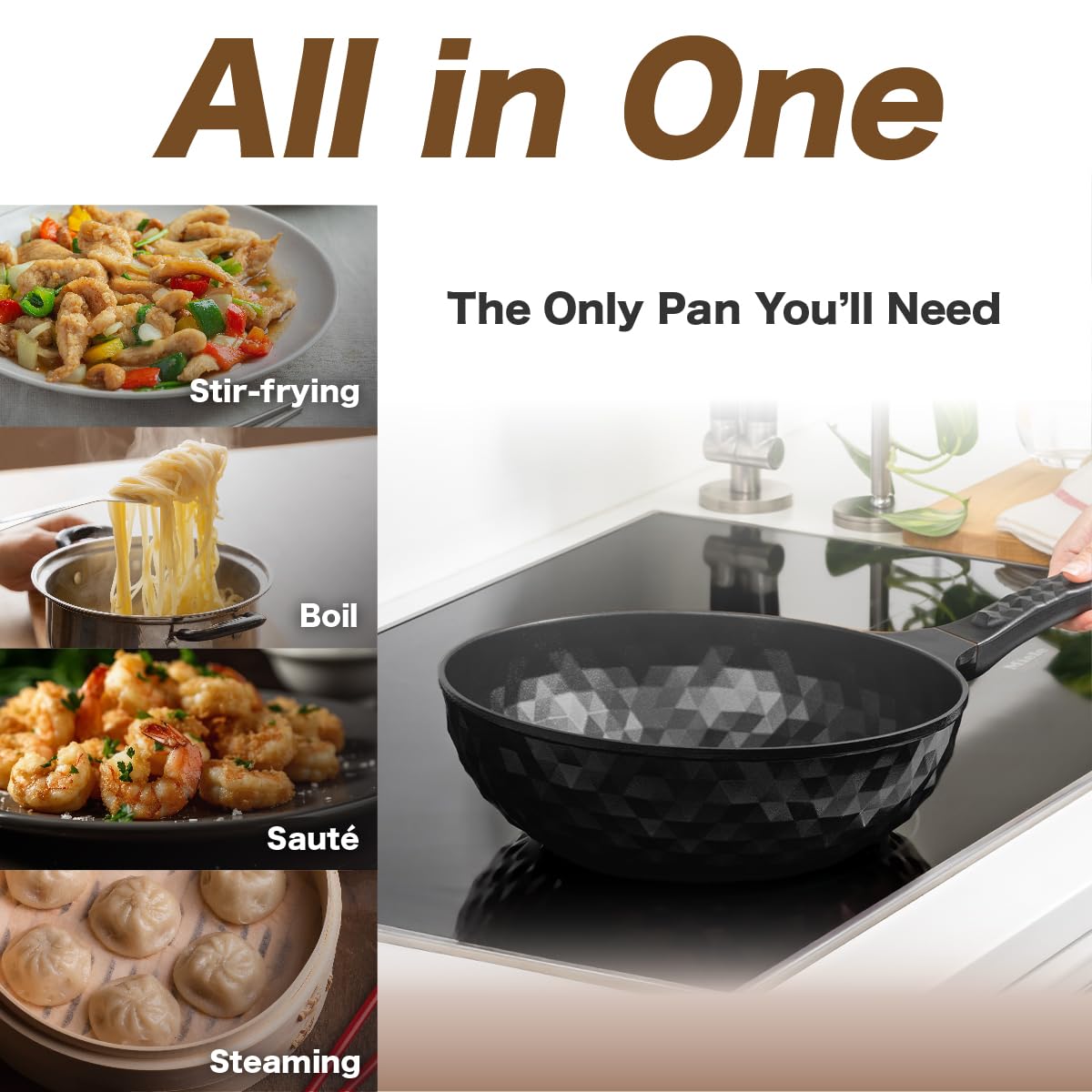 Diamond X Premium Non Stick Wok Pan with Lid - 11" Large Flat Bottom Chinese Wok - Woks & Stir-fry Pans Nonstick - Titanium-Coated 8-Layered Korean Engineered Skillet for Frying, Oil-Free, PFOA-Free