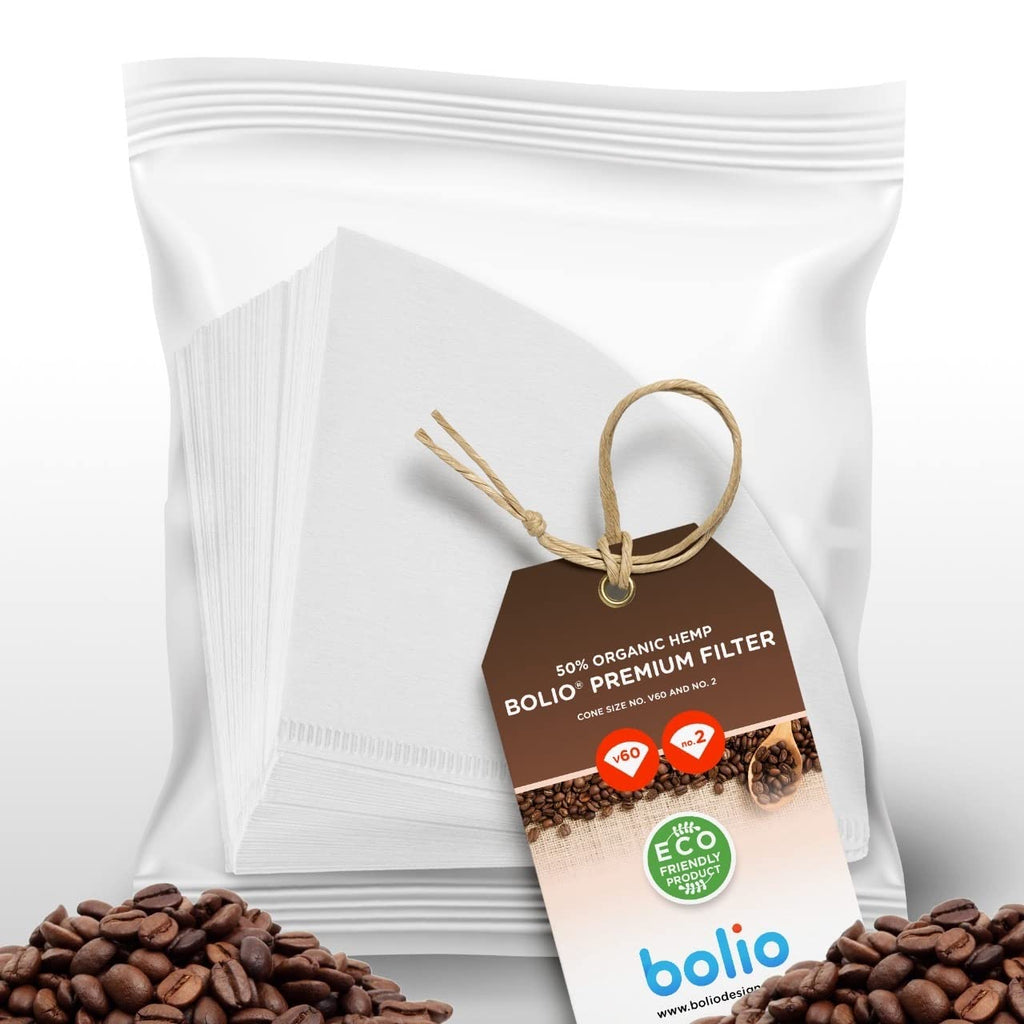 Bolio Premium Hemp White Paper Cone Coffee Filters - Peroxide Whitened - Compatible with V60 and All No.2 Size Pour Over Drippers - (Pack of 100)