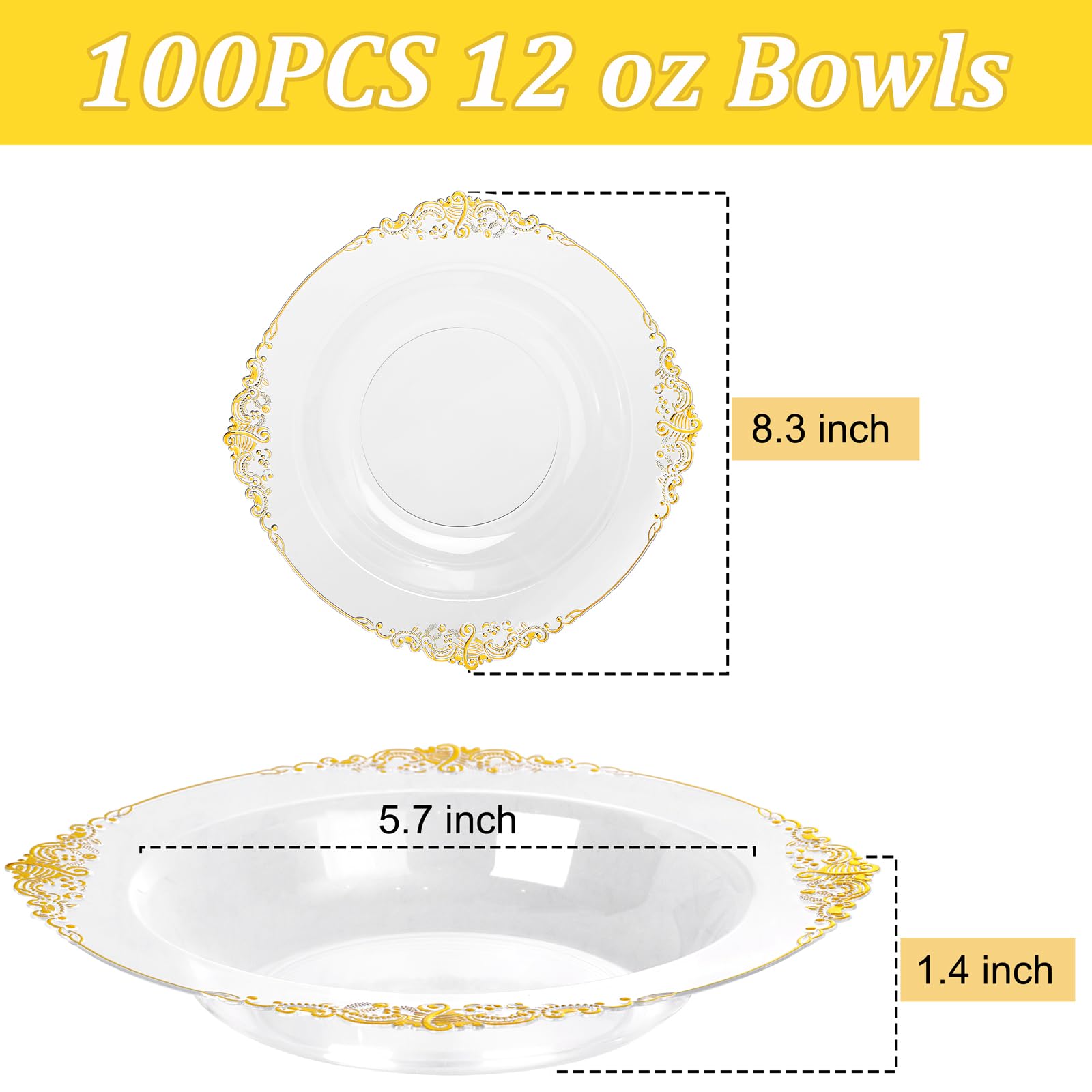Joyido 100PCS Clear Gold Plastic Bowls - 12 oz Clear Disposable Salad Bowls - Heavy Duty Disposable Soup Bowl - Fancy Plastic Ice Cream Bowl for Weddings, Parties, Dinners, Picnics,