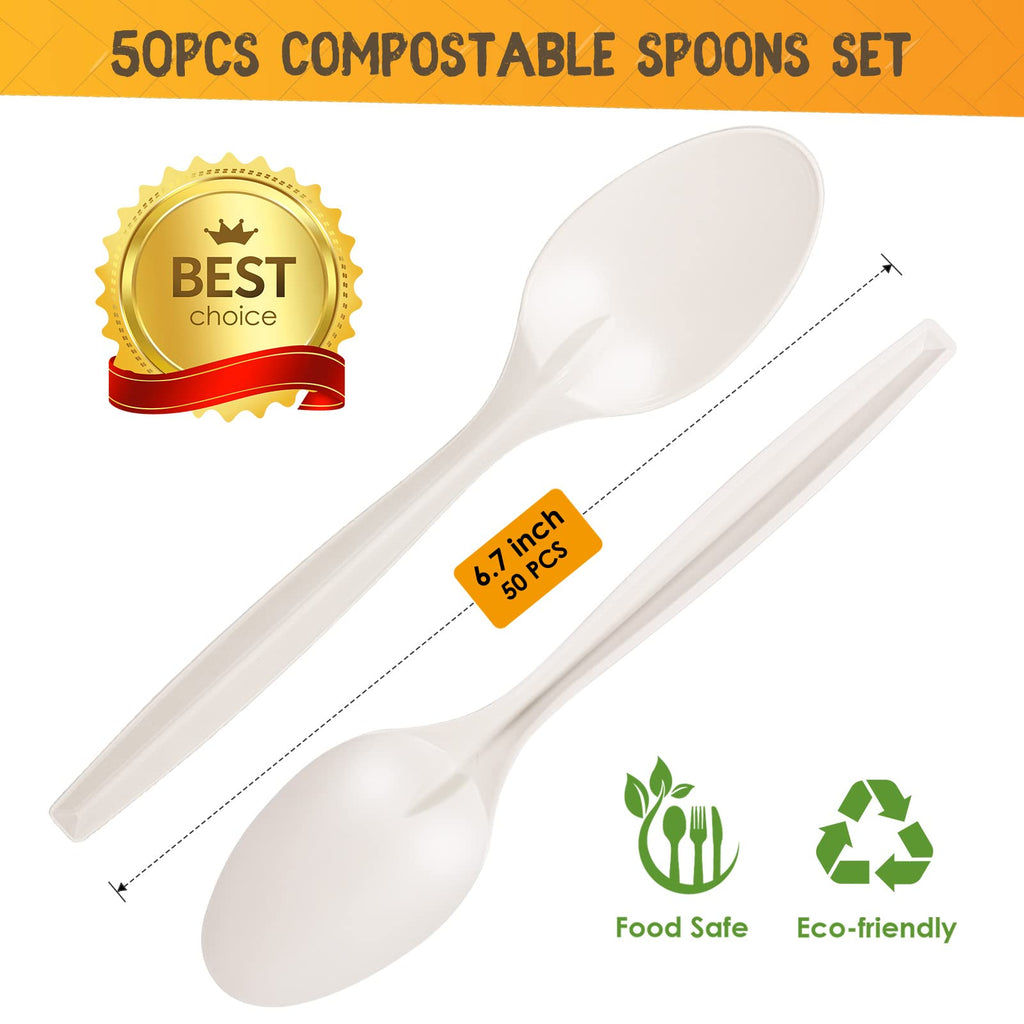 Gezond Compostable Spoons 50 Pack 6.7 Inch Disposable Spoons Heavy-duty