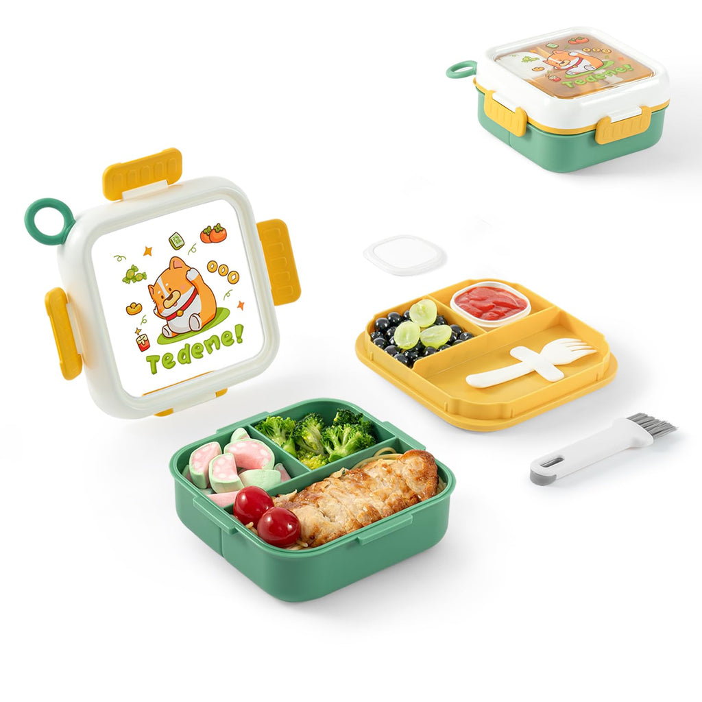 SAYAPE Bento Box for Kids & Adults – Cute Cartoon 2-Layer Lunch Box with Fork, Sauce Cup & Brush, BPA-Free, 3-Compartment Square Snack Container with Handle for School, Office, or Travel (Green)