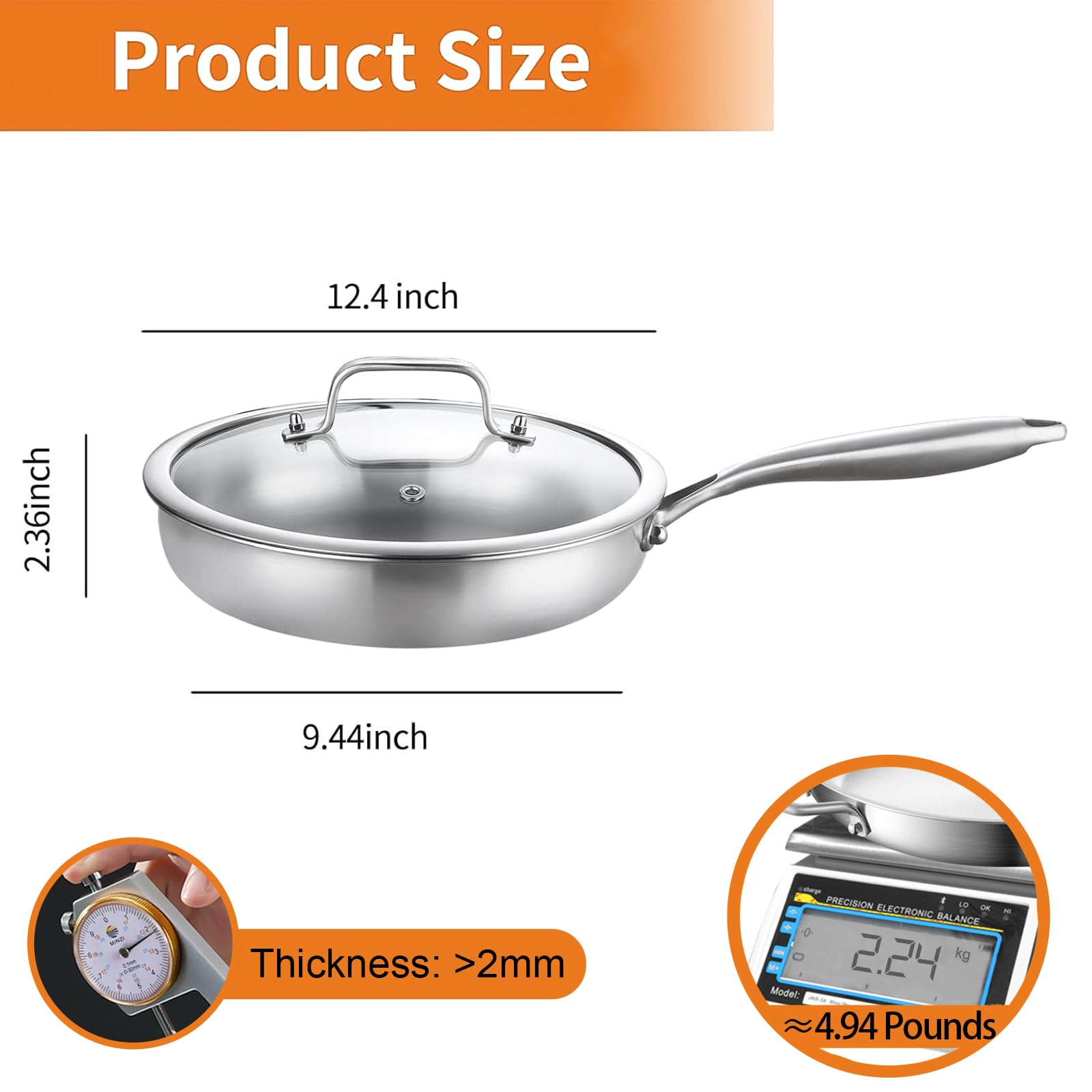 DELARLO Tri-Ply Stainless Steel Pan,18/10, 12"+Lids