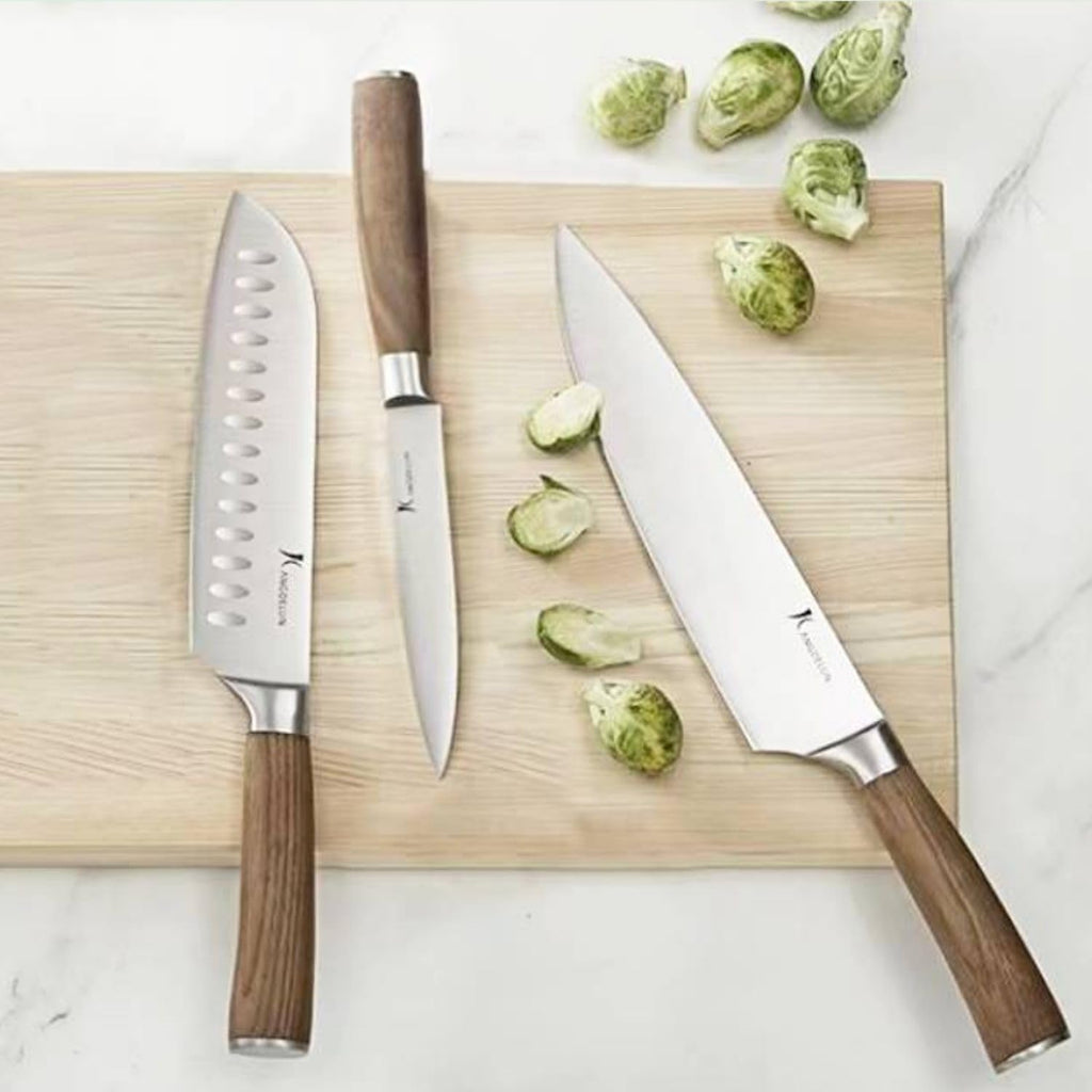 kangdelun 4-Piece Kitchen Knife Set, 50Cr15MoV High-Carbon Stainless Steel, 56-58 HRC Ultra Sharp, Dark Ash Wood Handle, 8" Chef, 8" Bread, 7" Santoku & 5" Utility, Magnetic Gift Box
