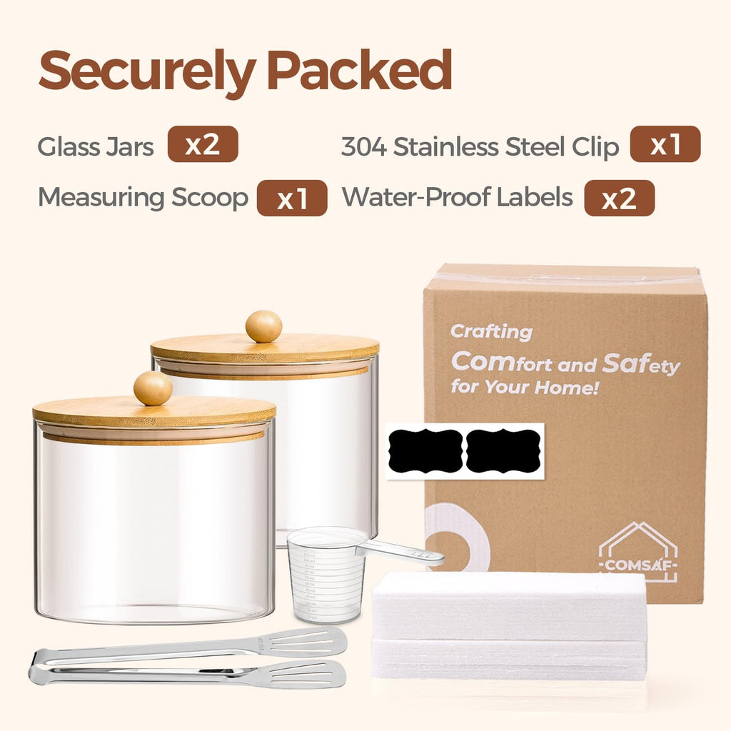 ComSaf Glass Storage Jars with Bamboo Lids 1.8 Qt 2 Pack Large Round
