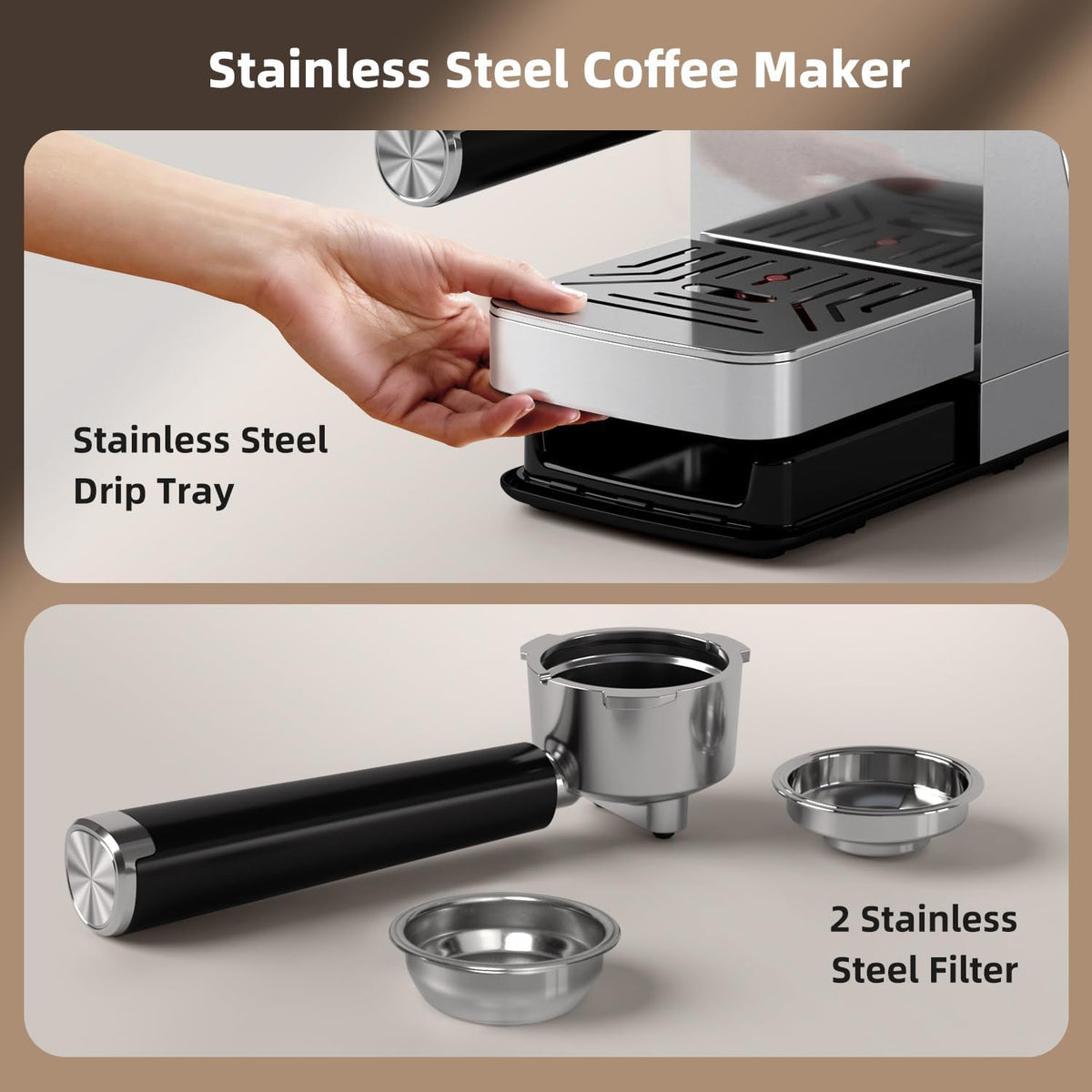 Electactic CM8032SH Essential Stainless Steel Espresso Machine with Steam Wand, Powerful 20-Bar Italian Pump, 37oz Removable Water Tank, Compact Espresso Maker for Home Baristas, Cappuccino & Latte