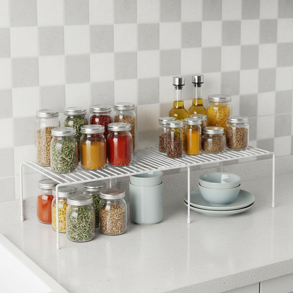 ziroland 4-Pack Expandable Medium (13.4-25.1x9inch) Kitchen Organizer Rack, Kitchen Shelves for Spice Organization for Cabinet, Pantry Organizers and Storage, Spice Rack, Desk Organizer, White