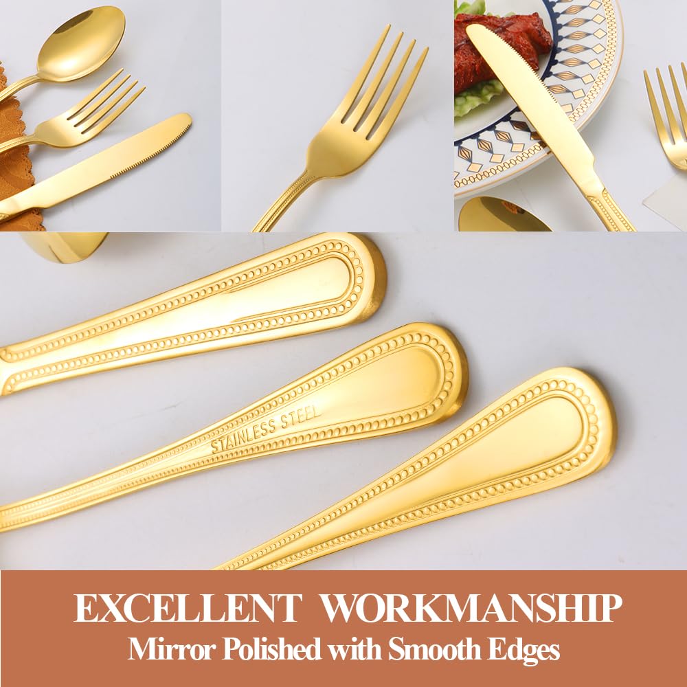 20 Pcs Gold Silverware Set for 4, Food Grade Stainless Steel Flatware Set, Eating Utensils Sets Include Fork/Knife/Spoon, Reusable Cutlery Set for Home Kitchen, Dishwasher Safe, Pearl-edged