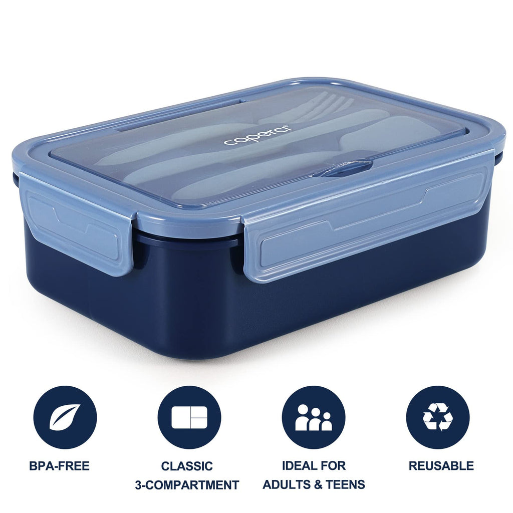 Caperci Classic Bento Box Adult Lunch Box for Older Kids - Leakpoof 47 oz 3-Compartment Containers for Adults and Teens, Built-in Utensil Set, Ideal for On-the-Go Balanced Eating, Navy Blue