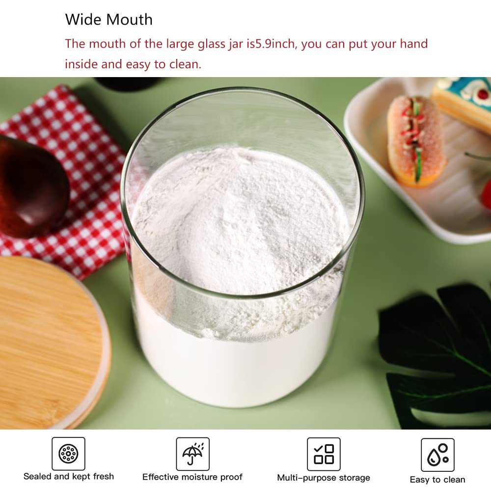 CZFWin Set of 2 Glass Flour Container with Airtight Bamboo Lid, Large Food Jar with Wooden Lid for Storage Flour, Sugar, Cookies, Rice, Coffee Beans(3L)