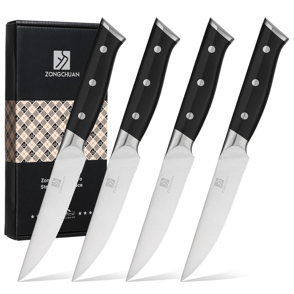 Steak Knives,4.5 Inch Steak Knife Set of 4,Micro-Cutting Point Serrated Edge,Razor Sharp Kitchen Knife,50CR15MOV Stainless Steel,Dishwasher Safe,Ergonomic Handle And Full Tang Design With Gift Box
